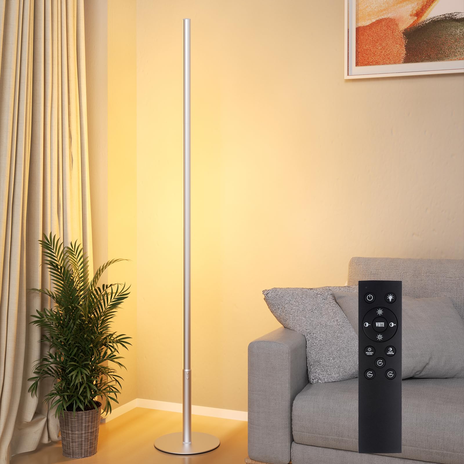 Marlrin Minimalist Corner Floor Lamp 2700K-6500K Dimmable with Remote Control 57.8" Height Metal Slim Ambient Standing LED Light Modern Design Decorative Lamp for Living Room Bedroom (Gold)