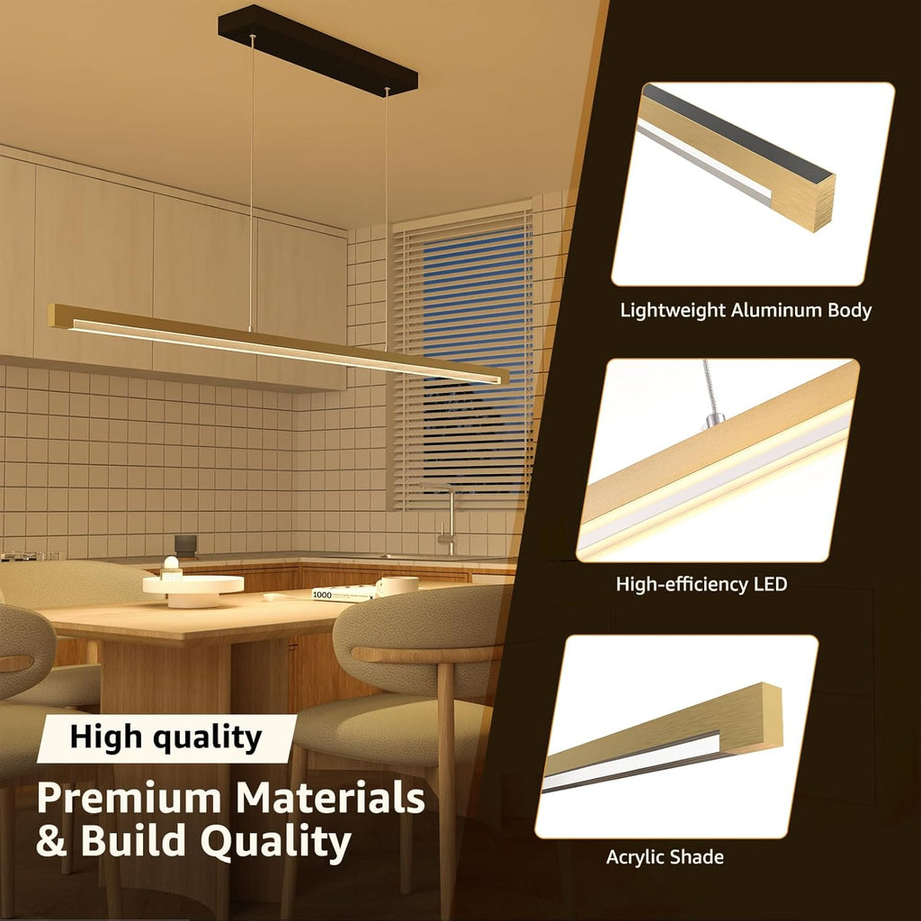 54" Linear Pendant Light Aluminum, 40W Gold Dimmable Kitchen Island Lighting with Remote & App Control, Adjustable CCT (3000K-6000K), Modern Chandelier for Home Office Dining Room Study