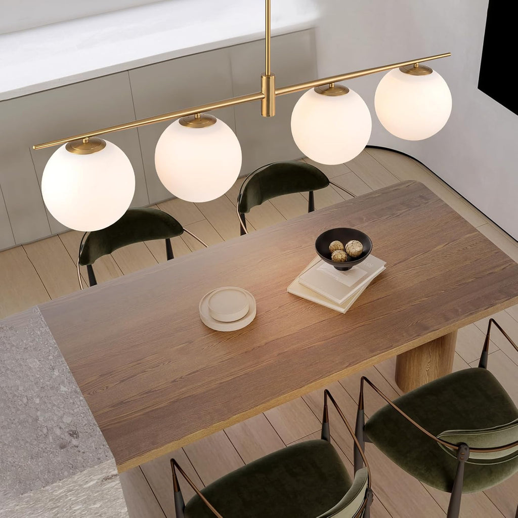 Brushed Gold 4-Light Linear Chandelier, Milk Glass Globe Dining Room Light