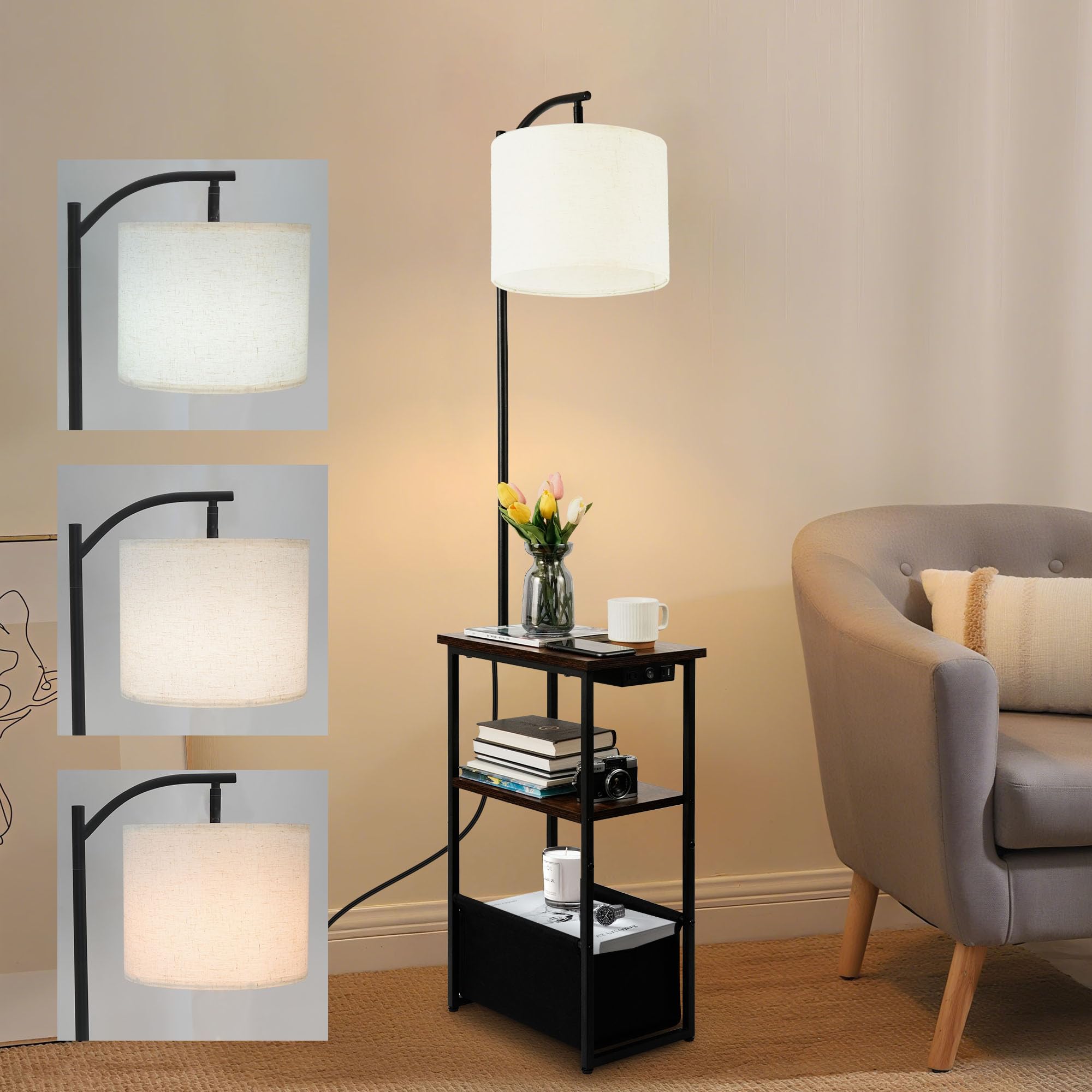 LED Floor Lamp with Table, 15W Bright Reading floor lamp with Remote & Touch Control, Narrow Side Table with USB Charging Station and AC Port, End Table for Bedroom, Living Room and Home Office, Black