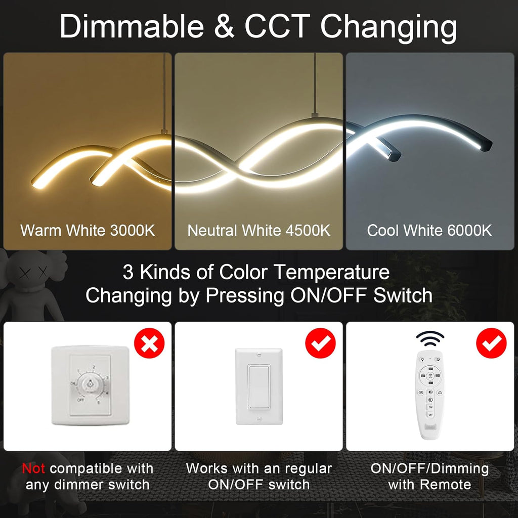 Modern LED Chandelier 31.49in Waving Linear Pendant Light Dimmable 3000K-6000K with Remote Control Hanging Island Light Fixture for Dining Room Living Room