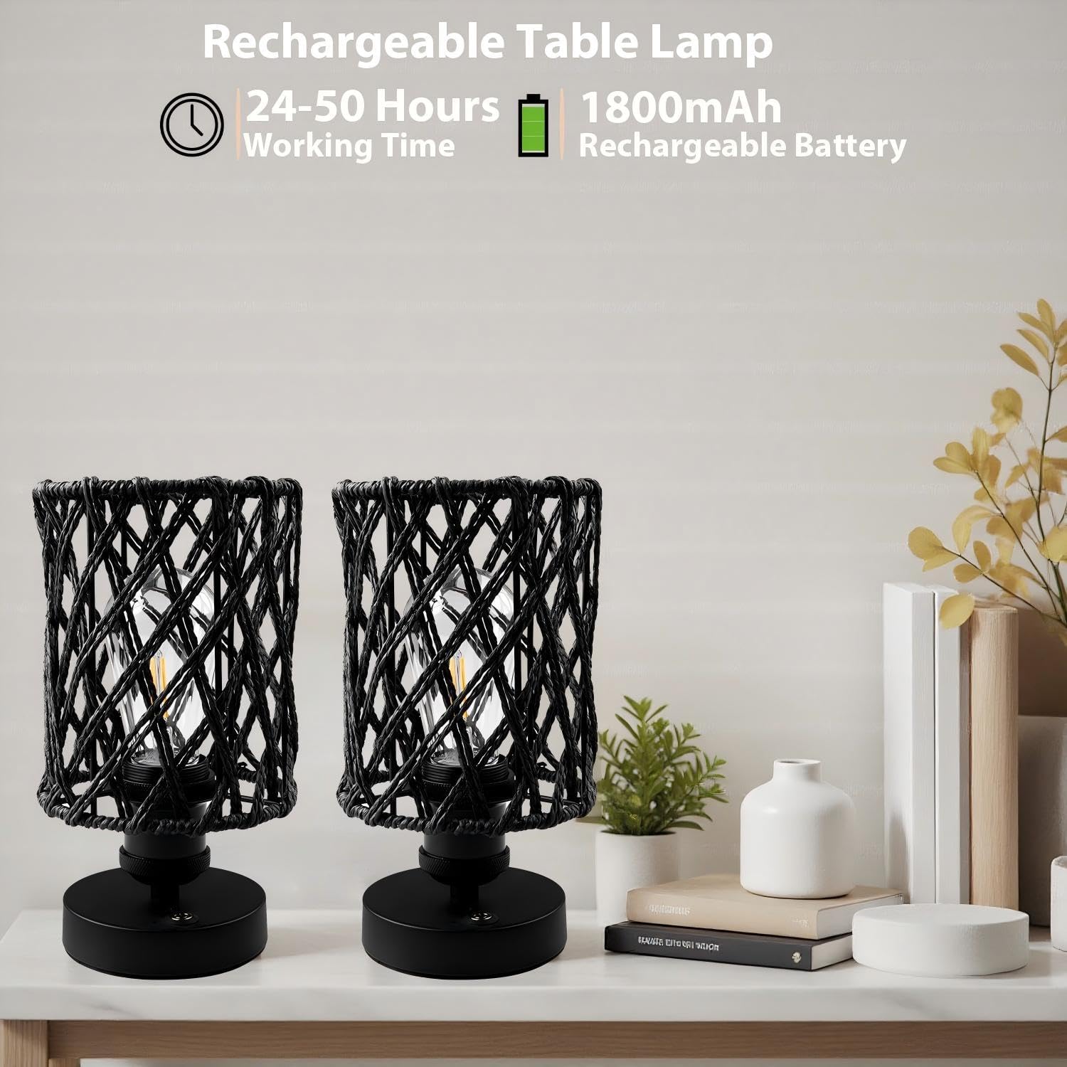 Cordless Outdoor Table Lamps, Small Rattan Boho, Rechargeable Battery Operated for Outdoor Patio, Home, Living Room, Bedroom, Bedside - Set of 2 (Black-A)