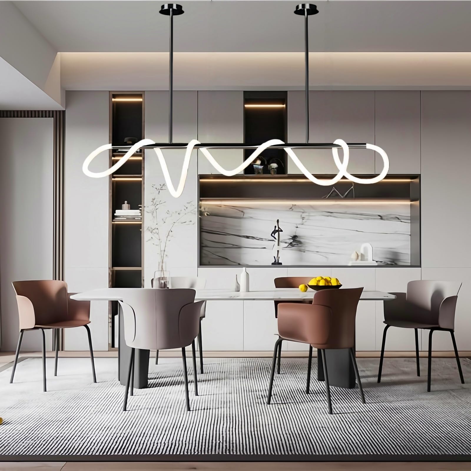 Modern Dimmable Desk Linear Pendant Light, with Remote 3 Color Mode & Brightness Ring Chandelier, 47 in Dining Room Ceiling Lamp Fixture, Gold Restaurant Kitchen Long Hose Lamp