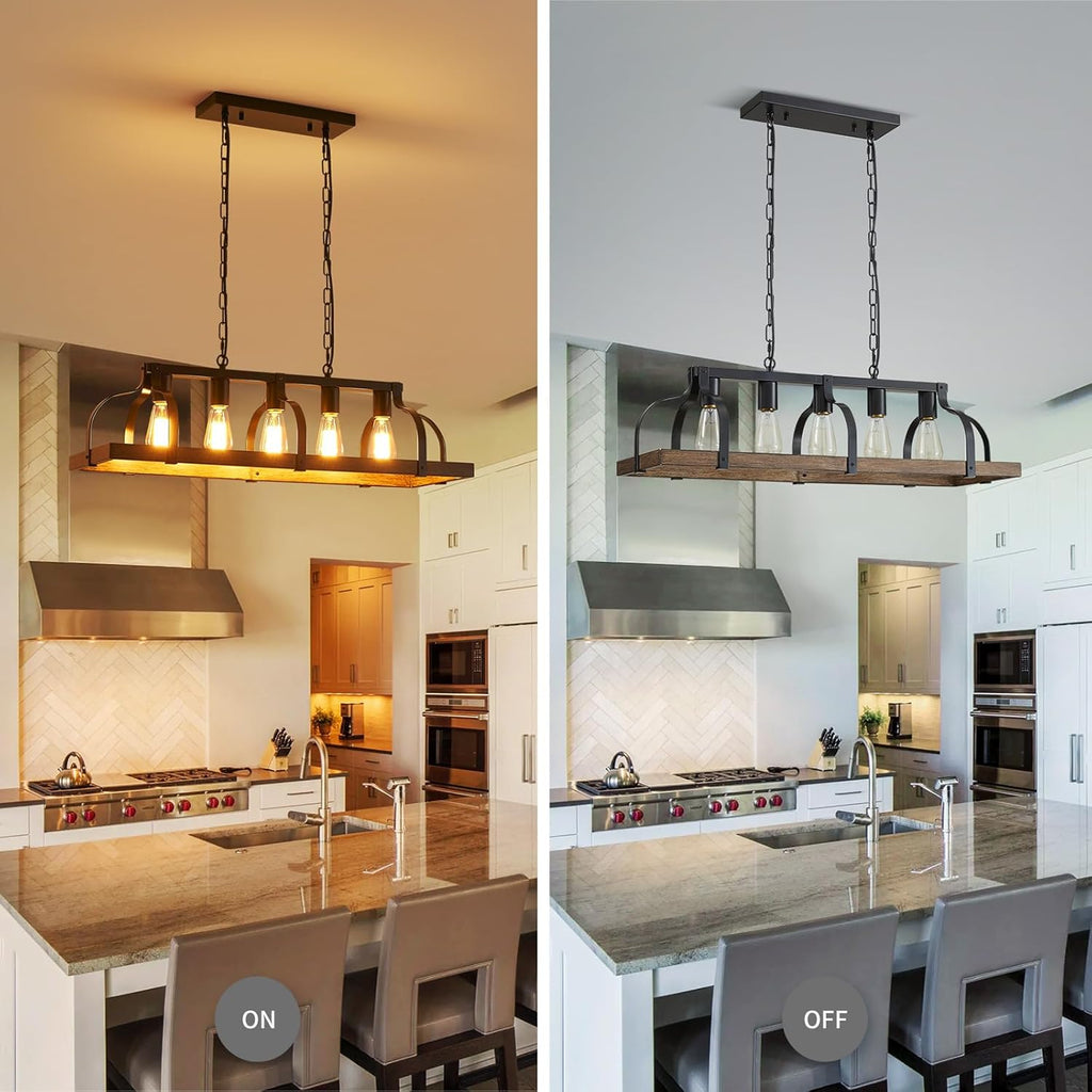 WUZUPS 5-Light Metal Chandelier Imitation Wood Grain Linear Pendant Ceiling Lighting Rustic Farmhouse Fixture Kitchen Island Dining Room, H 8.5" L 31.5" W10, E26 Base, Black & Retro Wood