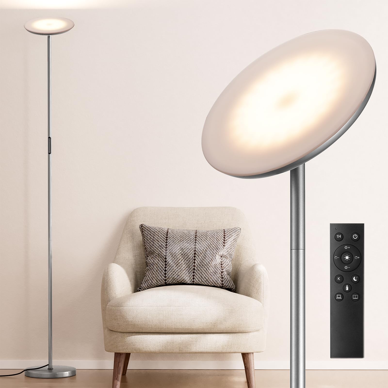 Modern LED Floor Lamp - Remote & Touch Control, 40W/2400LM Sky Torchiere Standing Lamp, Fully Dimmable, 3 Color Temperatures, Ideal for Living Room & Bedroom, Easy to Assemble