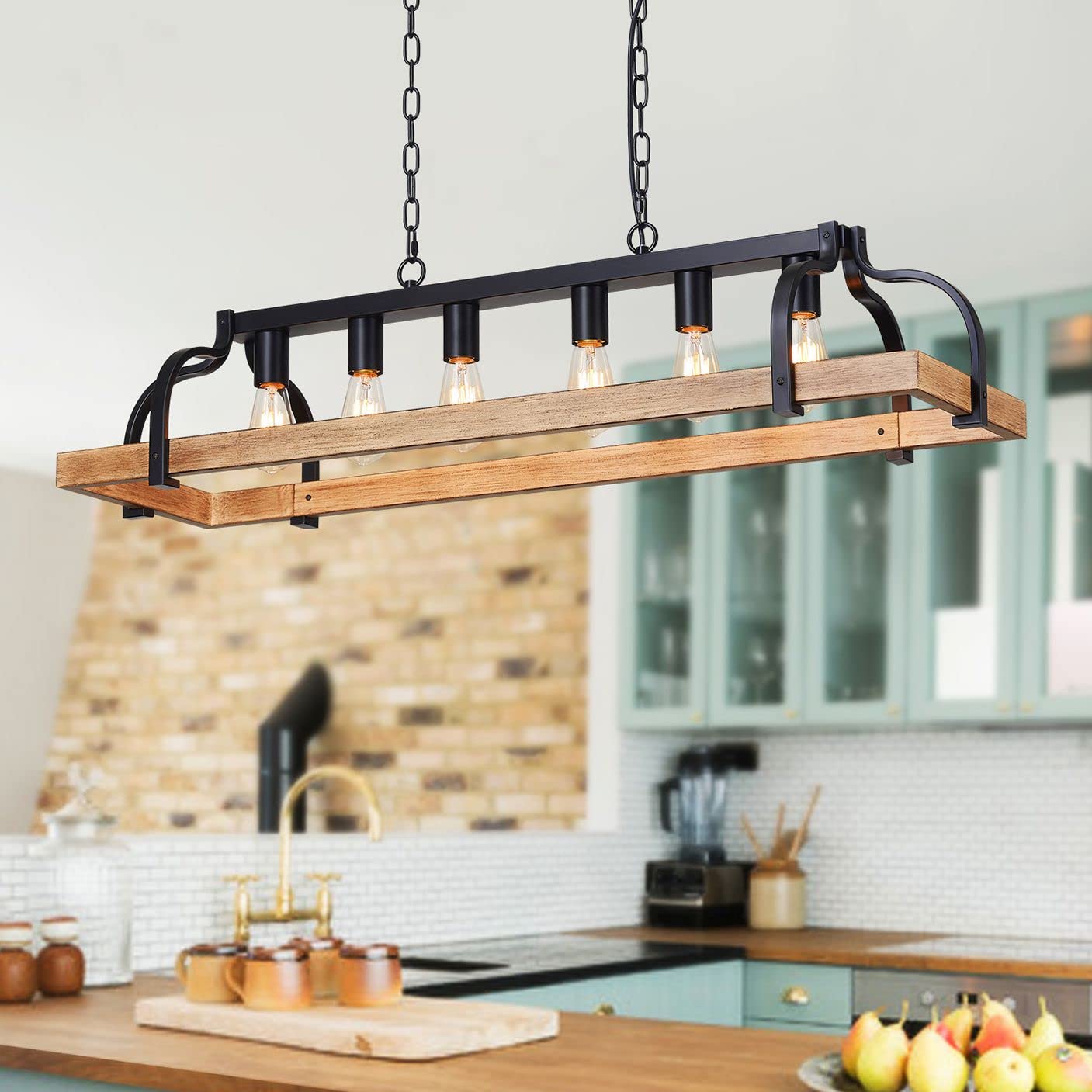 WUZUPS 5-Light Metal Chandelier Imitation Wood Grain Linear Pendant Ceiling Lighting Rustic Farmhouse Fixture Kitchen Island Dining Room, H 8.5" L 31.5" W10, E26 Base, Black & Retro Wood