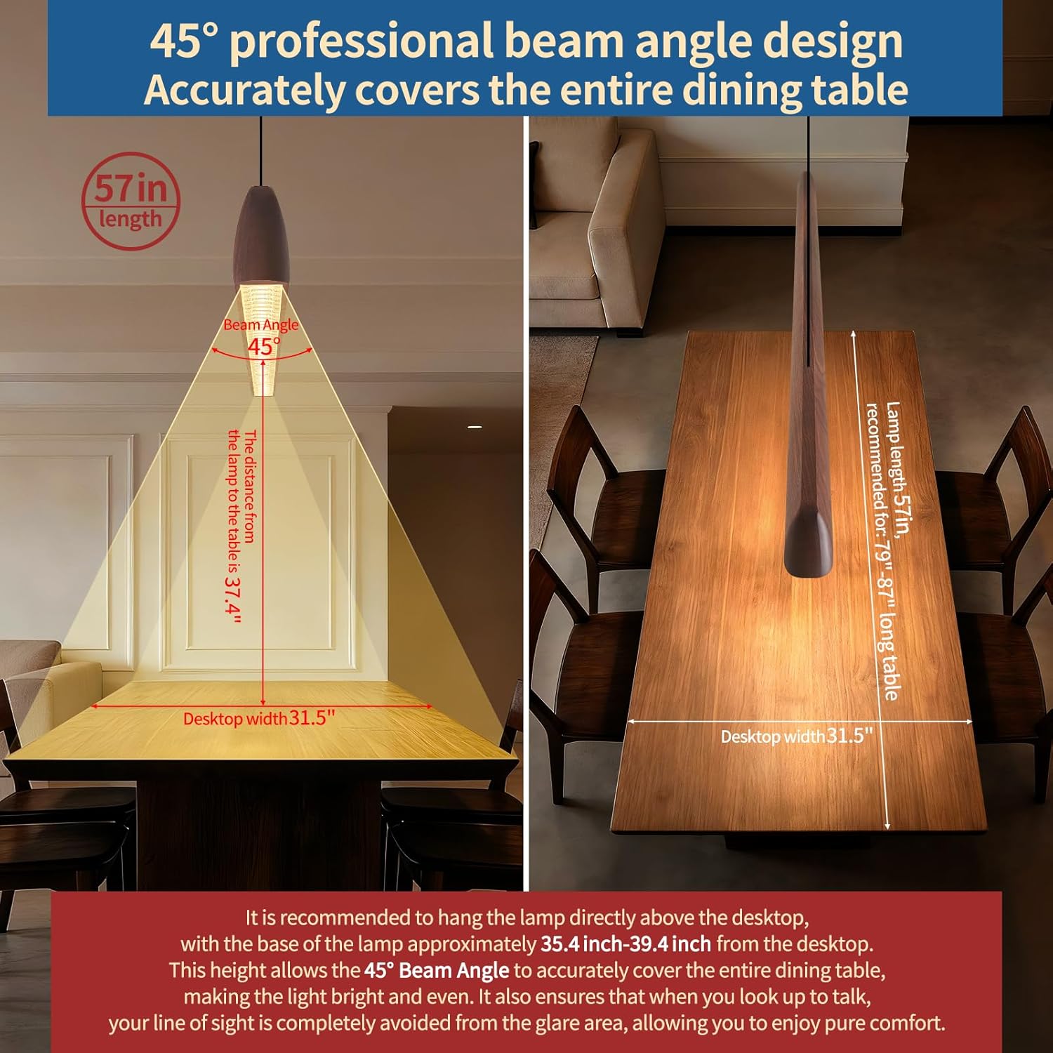 57" Wood Linear Pendant Light, Dimmable Kitchen Island Lighting with Remote, 30W LED Island Lights for Kitchen, Adjustable Linear Chandelier for Dinning Room Light Fixture, Bar, Pool Table Light