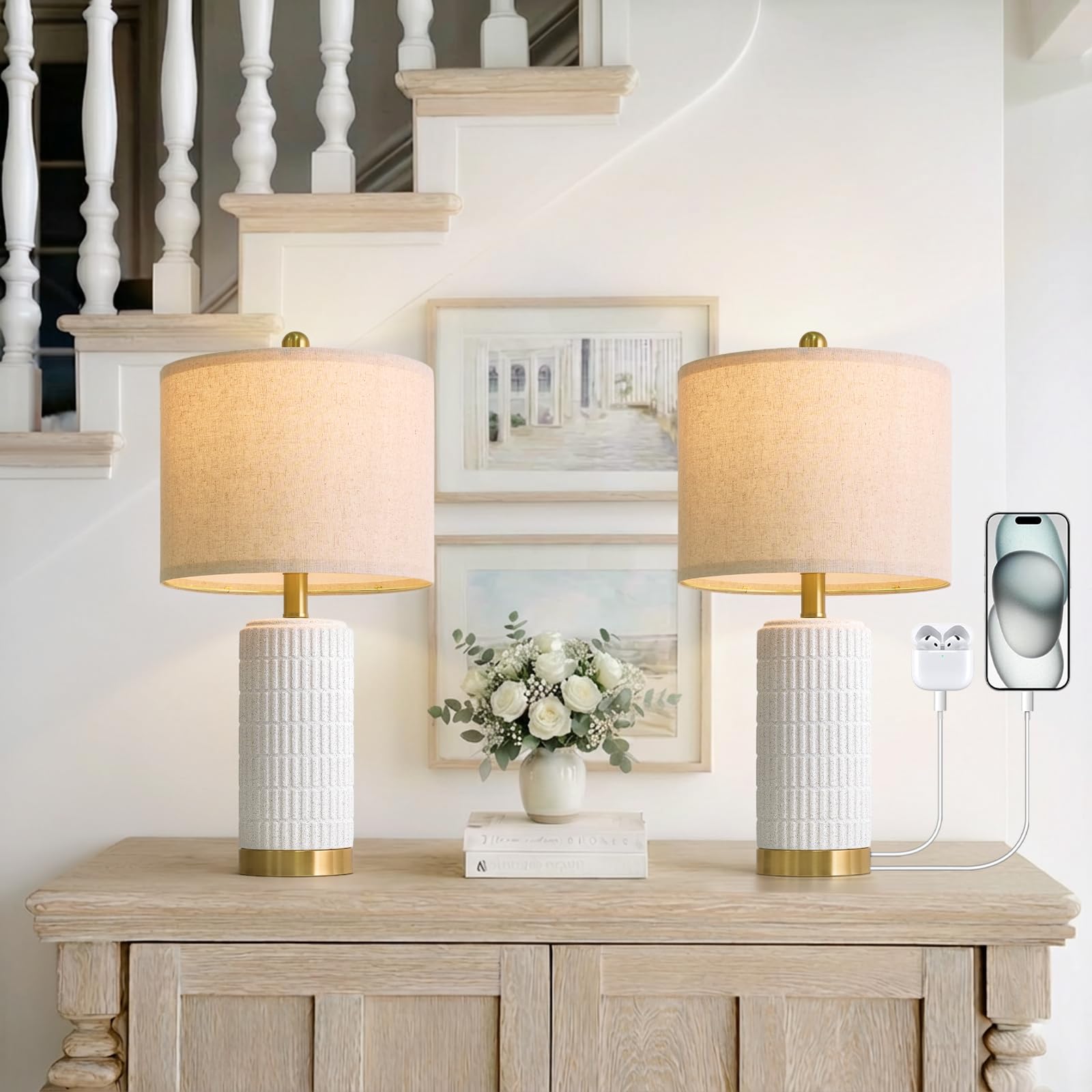 PoKat 20.75" Small Modern Ceramic Table Lamps Set of 2 for Bedroom, White Bedside Lamps for Night Stands, Farmhouse Desk Home Decor Gift Nightstand Table Lamps for Living Room End Table Beige