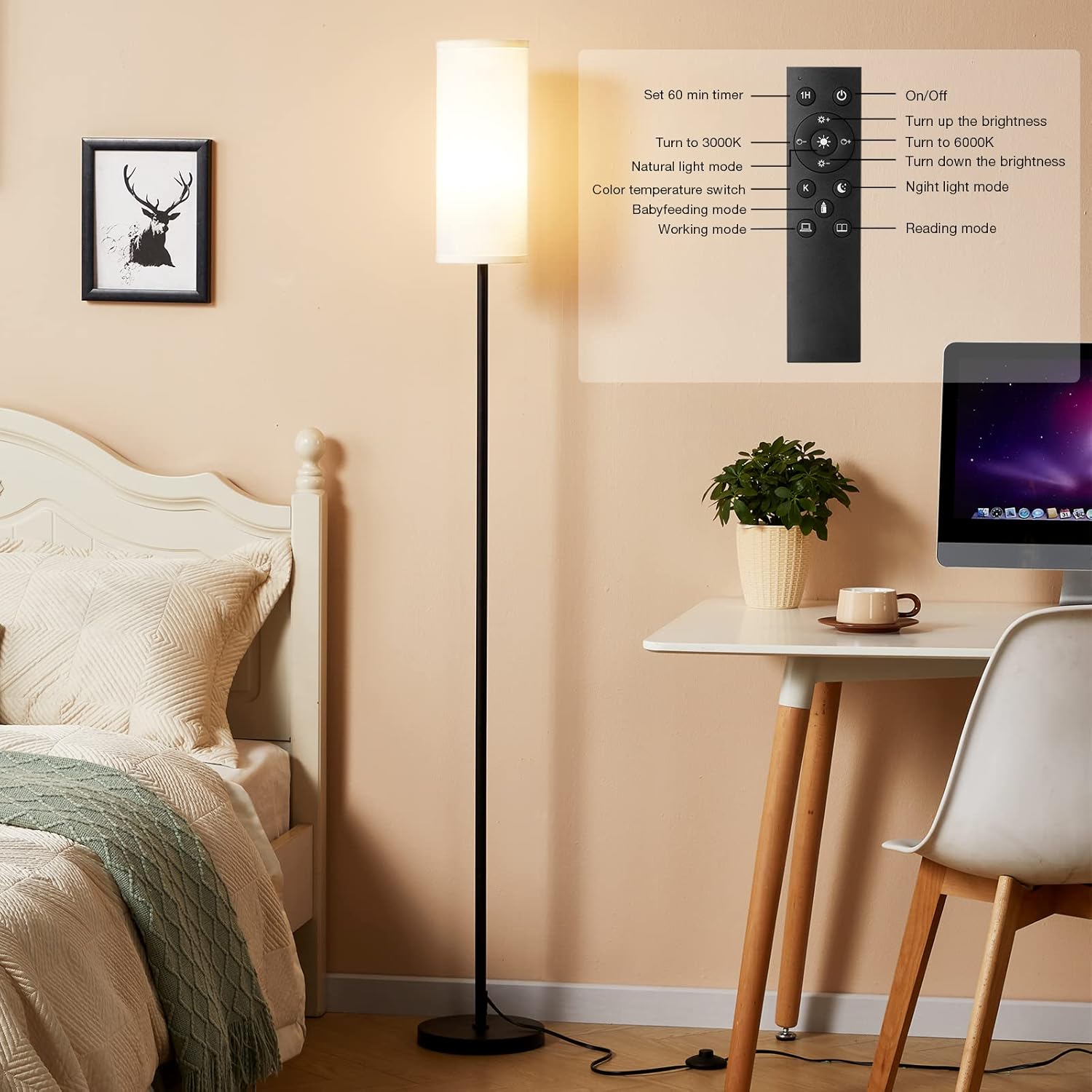 64 Inch Floor Lamp, Stepless Dimmable with Remote, 9W Bulb for Home Office