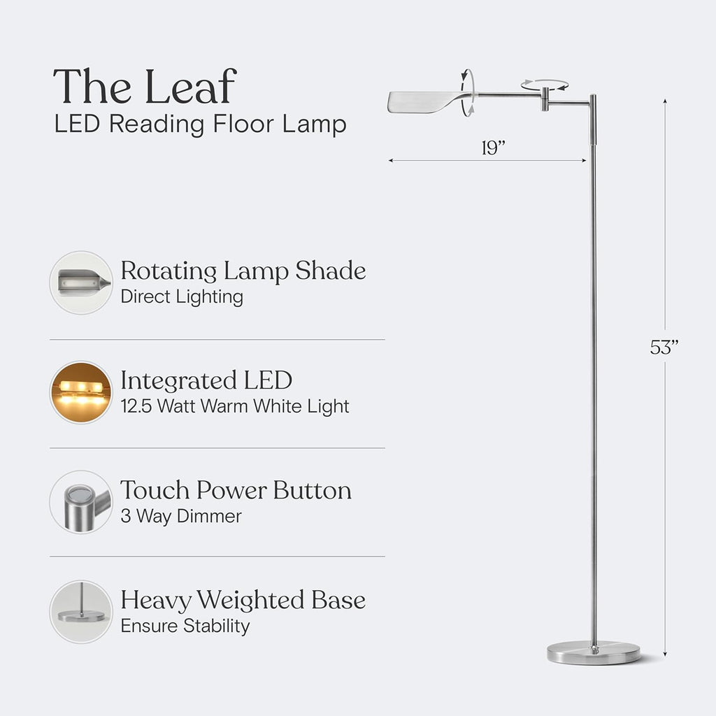 Brightech Leaf Pharmacy LED Reading Lamp, Dimmable Floor Lamp with Easy Adjustable Rotation Over Chair or Desk for Living Room, Work Light for Office, Modern Minimalist Home Decor - Platinum Silver