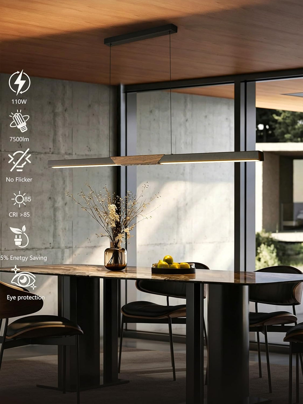 94″ Black Linear Pendant Light - Dimmable High Output LED, Modern Black Finish with Walnut Wood Grain Accent, 8ft Length Perfect for Pool Table, Dining Room, Conference Room