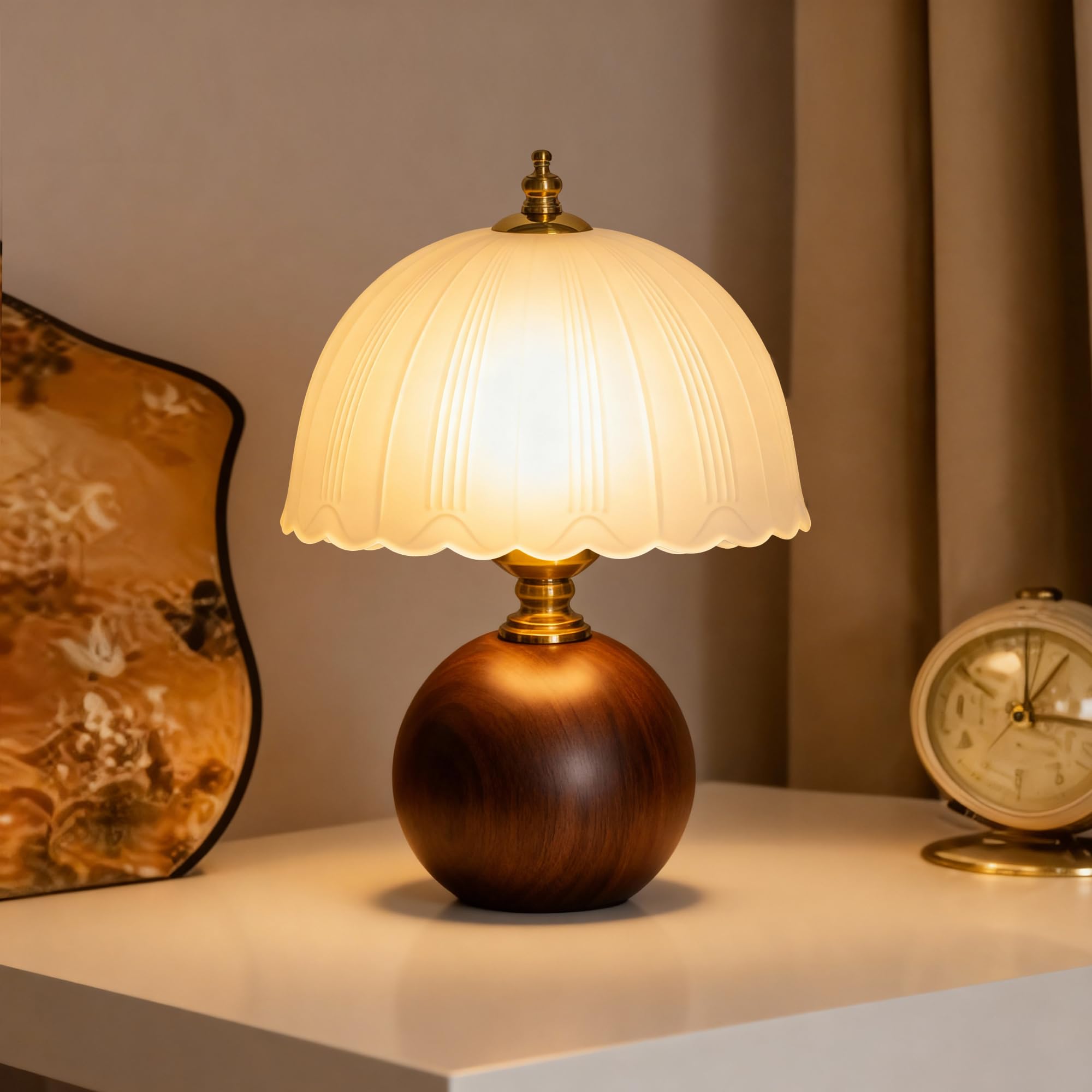 11.8" Wooden Table Lamp, Dimmable with Frosted Glass Shade for Bedroom Living Room