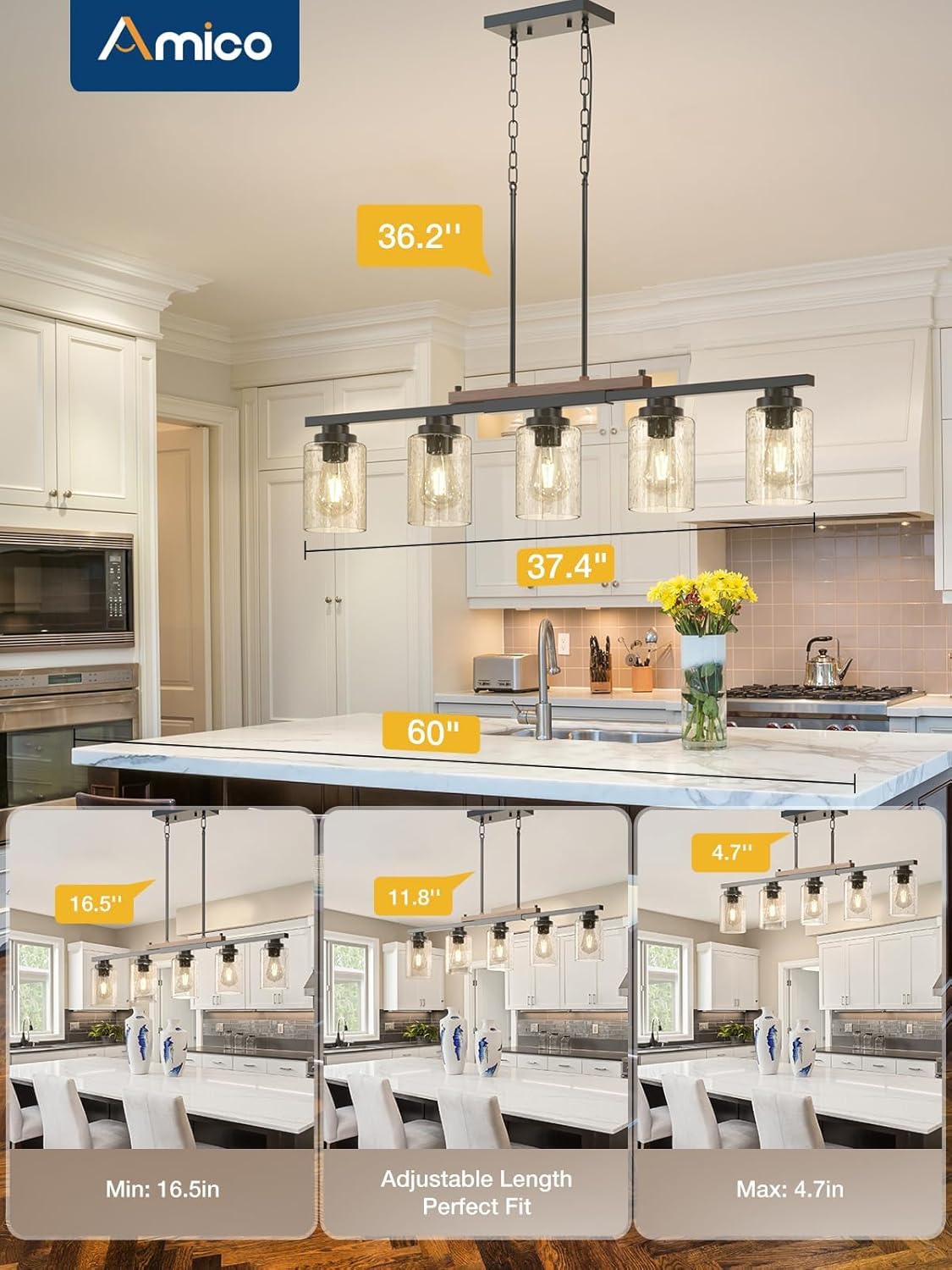 Amico Dining Room Light Fixture 5-Light Kitchen Island Lighting with Adjustable Rods, Farmhouse Decor Black Metal & Wood Chandelier with Seeded Glass Shade, Island Lights for Kitchen