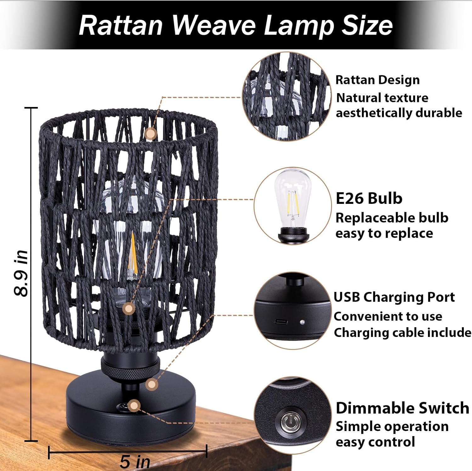 Cordless Rechargeable Outdoor Table Lamps, Battery Operated Table Lamp, Stepless Dimmable for Patio, Living Room, and Bedroom (Bulb Included) - Set of 2 (Black)