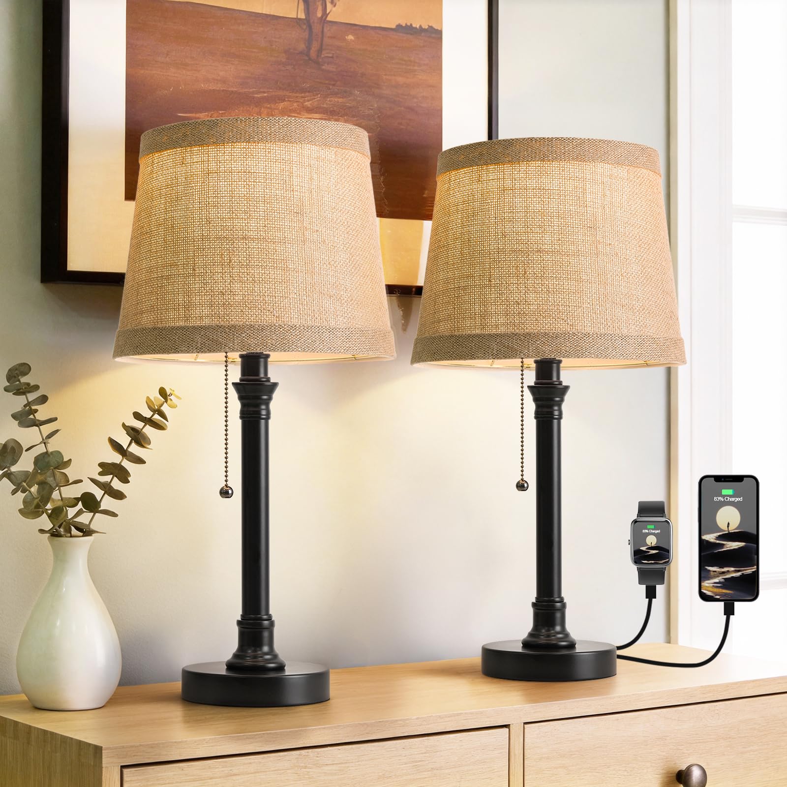 Oneach 19.5” Warm Gold Table Lamps Set of 2, Pull Chain Switch Bedside Table Lamps, Modern Nightstand Lamp with Linen Shade, Small Desk Lamp for Living Room, Bedroom, Home Office, Nursery