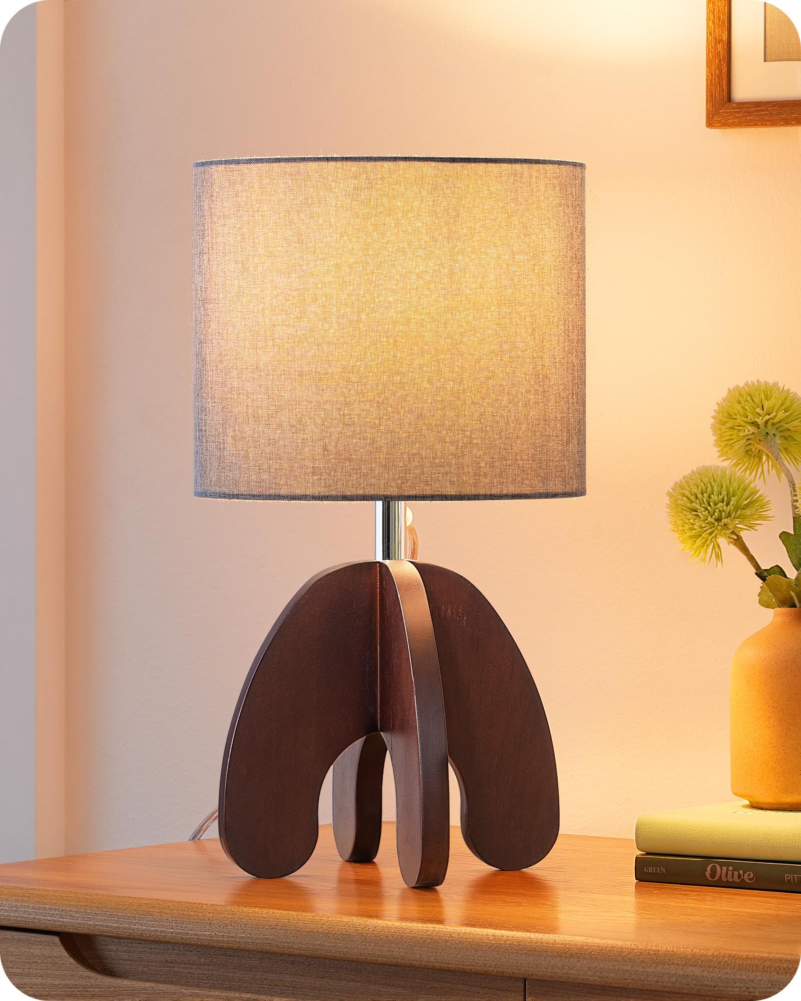 EDISHINE Wood Table Lamp, Small Nightstand Lamp with Beige Linen Lampshade, Integrated Four-Legged Wooden Base, End Bedside Lamp for Nursery, Bedroom, End Table, ON/Off Switch, E26, 14.17"