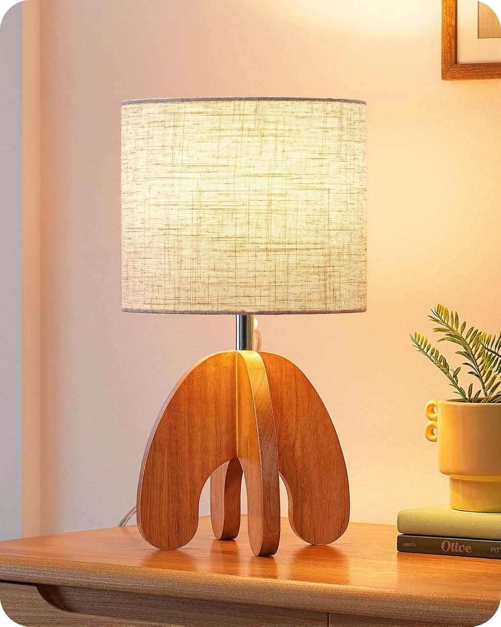 EDISHINE Wood Table Lamp, Small Nightstand Lamp with Beige Linen Lampshade, Integrated Four-Legged Wooden Base, End Bedside Lamp for Nursery, Bedroom, End Table, ON/Off Switch, E26, 14.17"