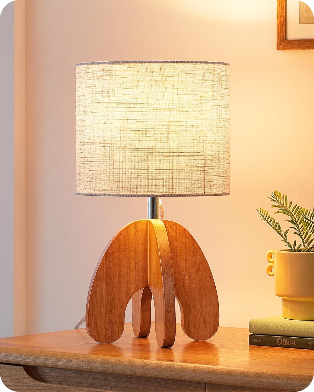 EDISHINE Wood Table Lamp, Small Nightstand Lamp with Beige Linen Lampshade, Integrated Four-Legged Wooden Base, End Bedside Lamp for Nursery, Bedroom, End Table, ON/Off Switch, E26, 14.17"