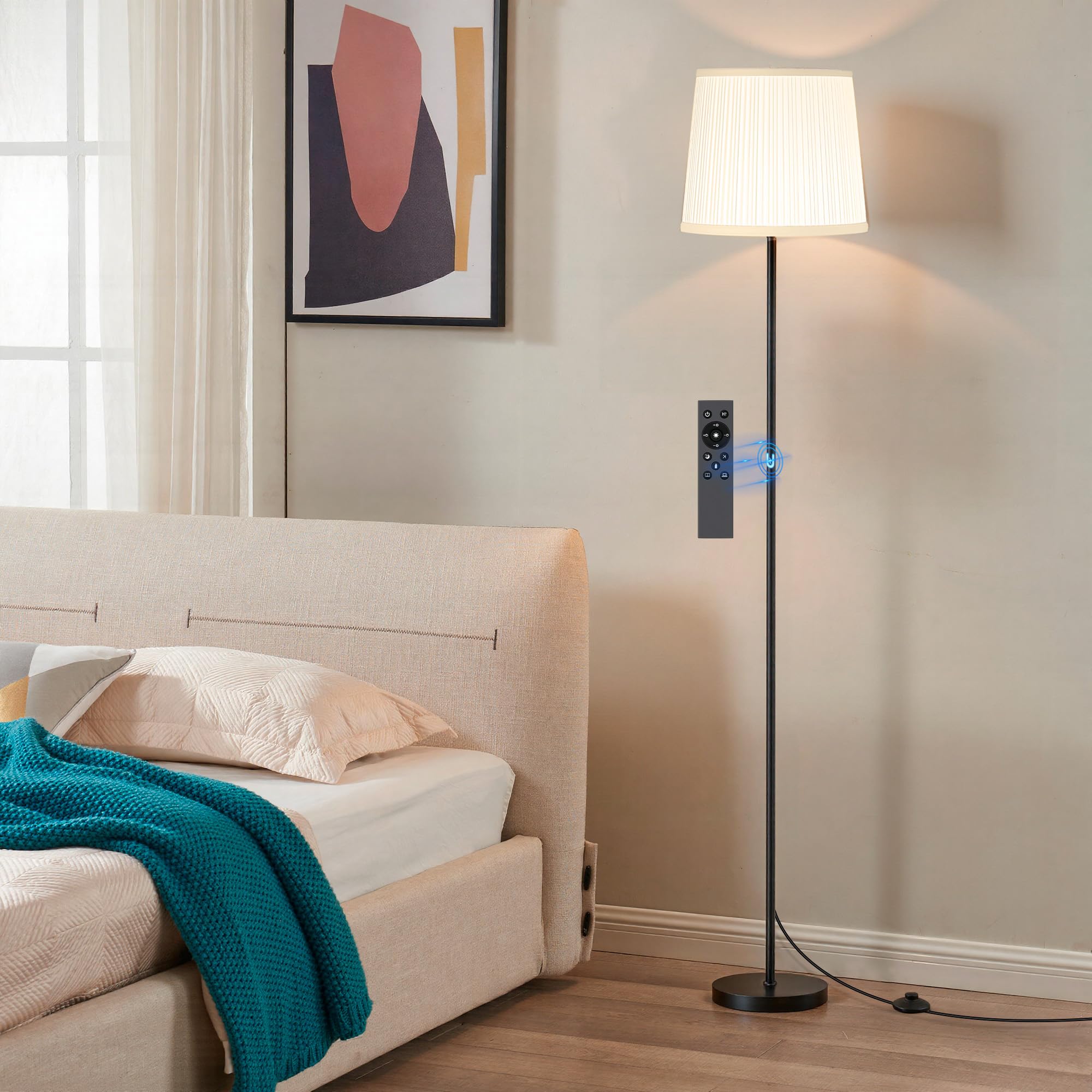 SIBRILLE Floor Lamp with Linen Shade - 62" Dimmable LED Standing Lamp with Remote Control, 9W E26 Bulb Included, 3000-6000K, Modern Floor Reading Light for Bedroom Living Room Office Corner, Black