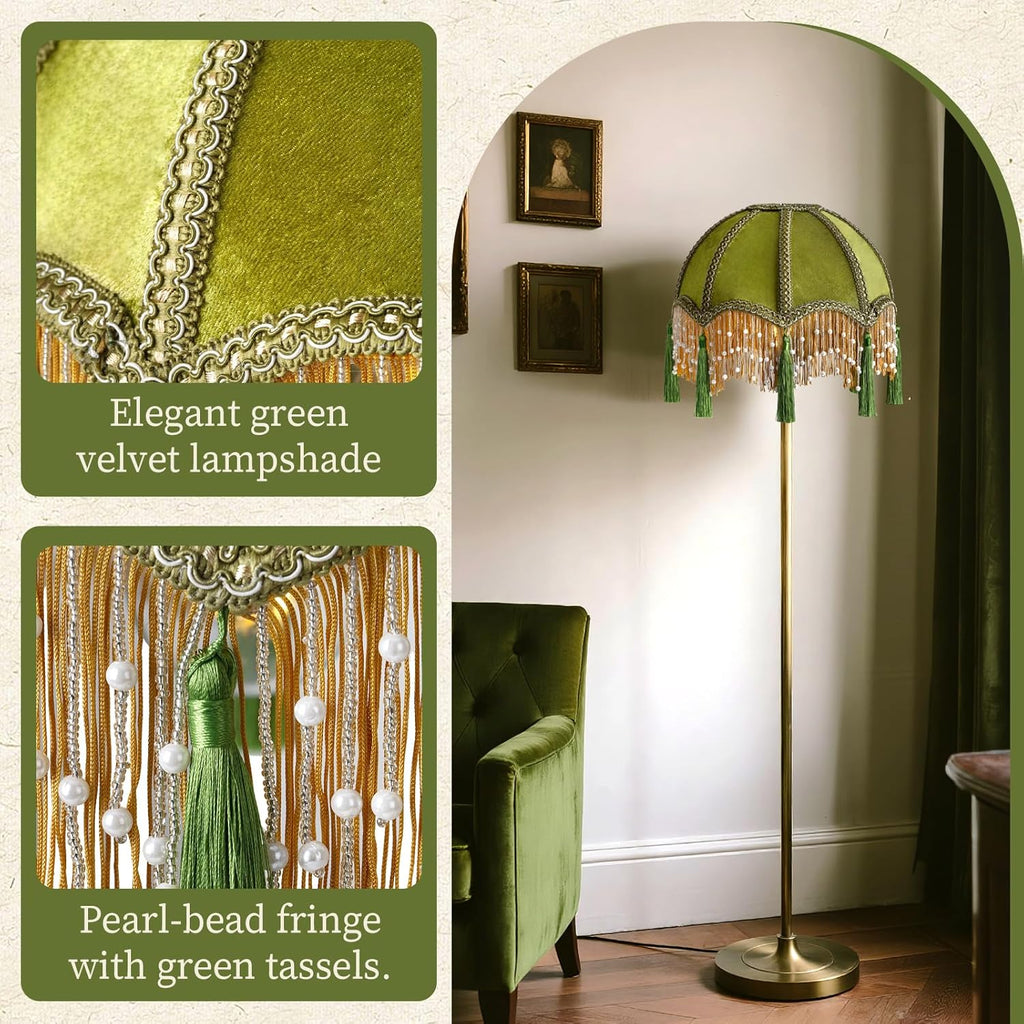 11.8 Inch vintage Lampshade With Olive Green Velvet Tassel, Victorian Fringe Lamp Shade with Beads,Handmade Scallop Bell-Shaped Replacement Shade,E26/E27 bulb base for Table Lamp & Floor Lamp(1 Pack)