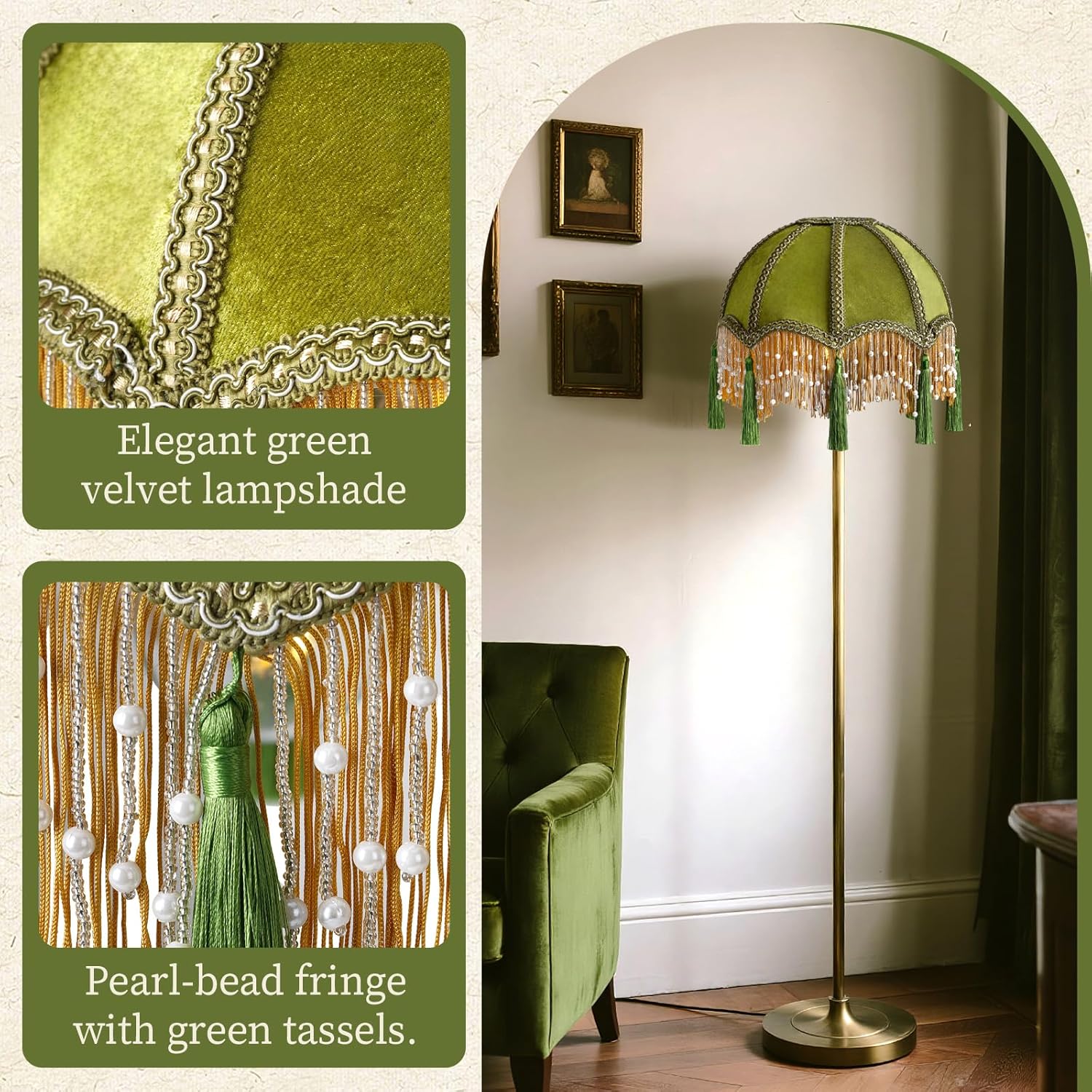 11.8 Inch vintage Lampshade With Olive Green Velvet Tassel, Victorian Fringe Lamp Shade with Beads,Handmade Scallop Bell-Shaped Replacement Shade,E26/E27 bulb base for Table Lamp & Floor Lamp(1 Pack)