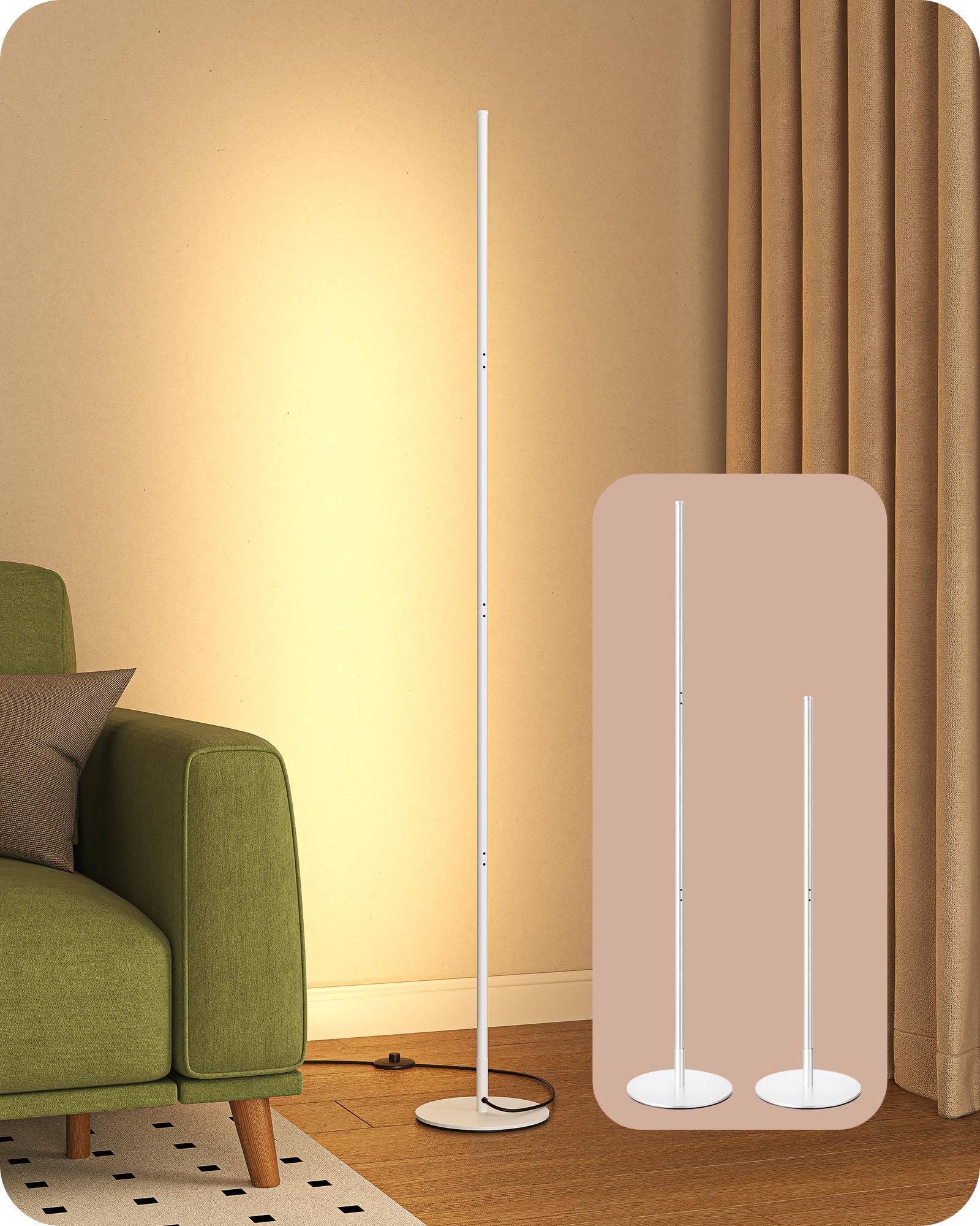 EDISHINE LED Corner Floor Lamp, Modern Slim Dimmable Light, Adjustable Height, 57.5" Minimalist Tall Lamp for Living Room, Bedroom, Office, 3000K Warm White Light (Gold)