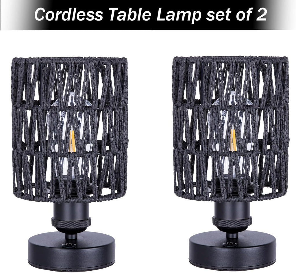 Cordless Rechargeable Outdoor Table Lamps, Battery Operated Table Lamp, Stepless Dimmable for Patio, Living Room, and Bedroom (Bulb Included) - Set of 2 (Black)