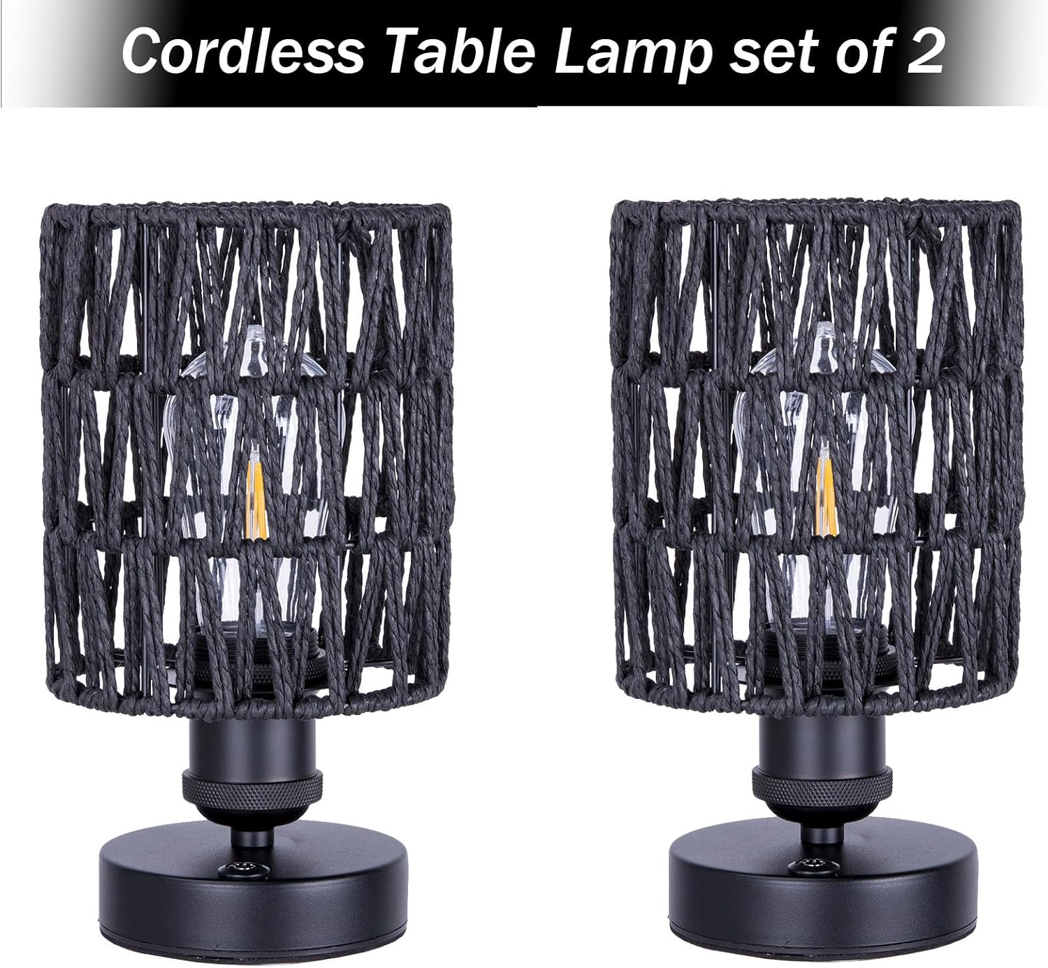 Cordless Rechargeable Outdoor Table Lamps, Battery Operated Table Lamp, Stepless Dimmable for Patio, Living Room, and Bedroom (Bulb Included) - Set of 2 (Black)