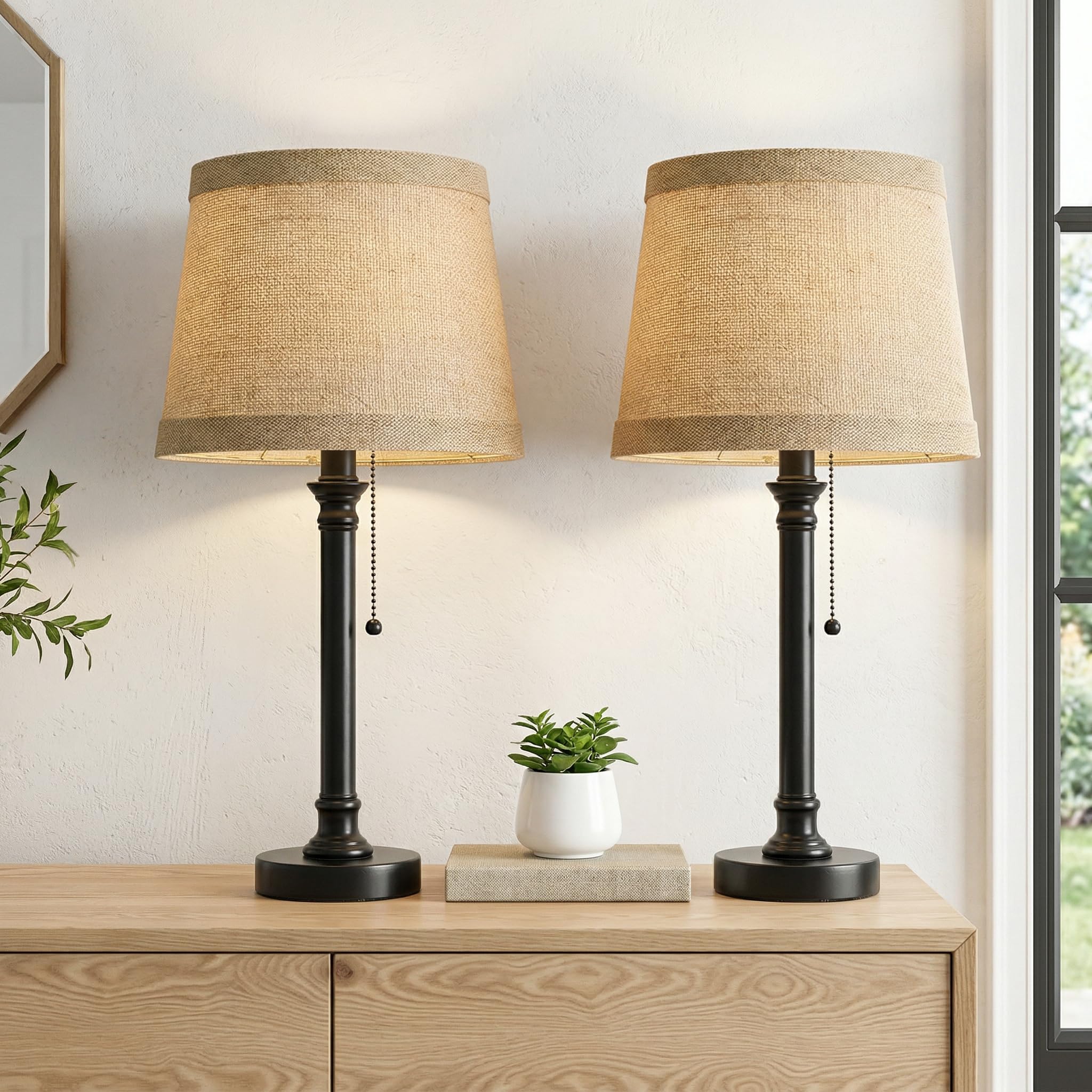 Oneach 19.5” Warm Gold Table Lamps Set of 2, Pull Chain Switch Bedside Table Lamps, Modern Nightstand Lamp with Linen Shade, Small Desk Lamp for Living Room, Bedroom, Home Office, Nursery