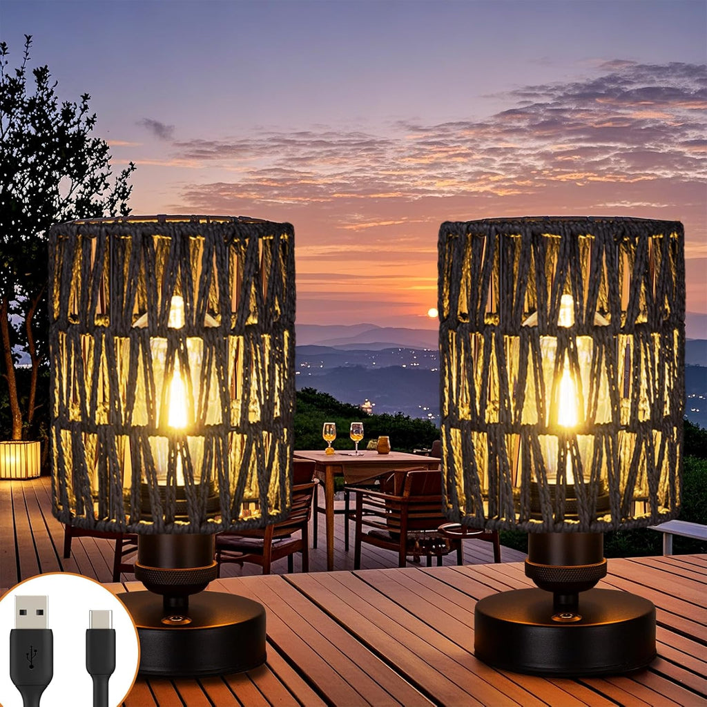 Cordless Rechargeable Outdoor Table Lamps, Battery Operated Table Lamp, Stepless Dimmable for Patio, Living Room, and Bedroom (Bulb Included) - Set of 2 (Black)