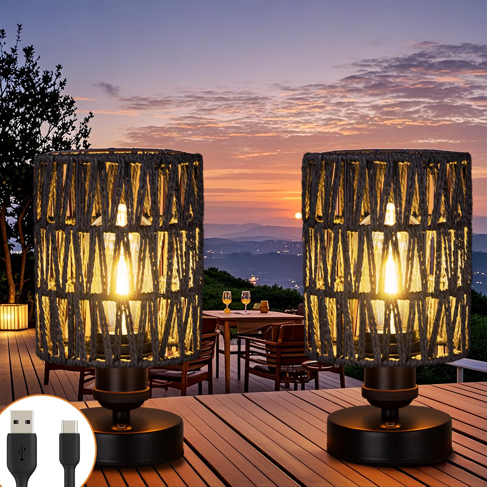 Cordless Rechargeable Outdoor Table Lamps, Battery Operated Table Lamp, Stepless Dimmable for Patio, Living Room, and Bedroom (Bulb Included) - Set of 2 (Black)