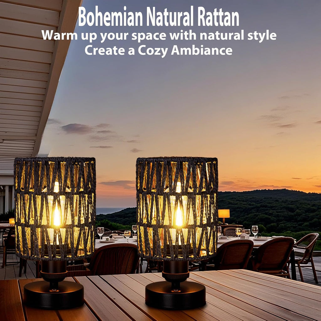 Cordless Rechargeable Outdoor Table Lamps, Battery Operated Table Lamp, Stepless Dimmable for Patio, Living Room, and Bedroom (Bulb Included) - Set of 2 (Black)