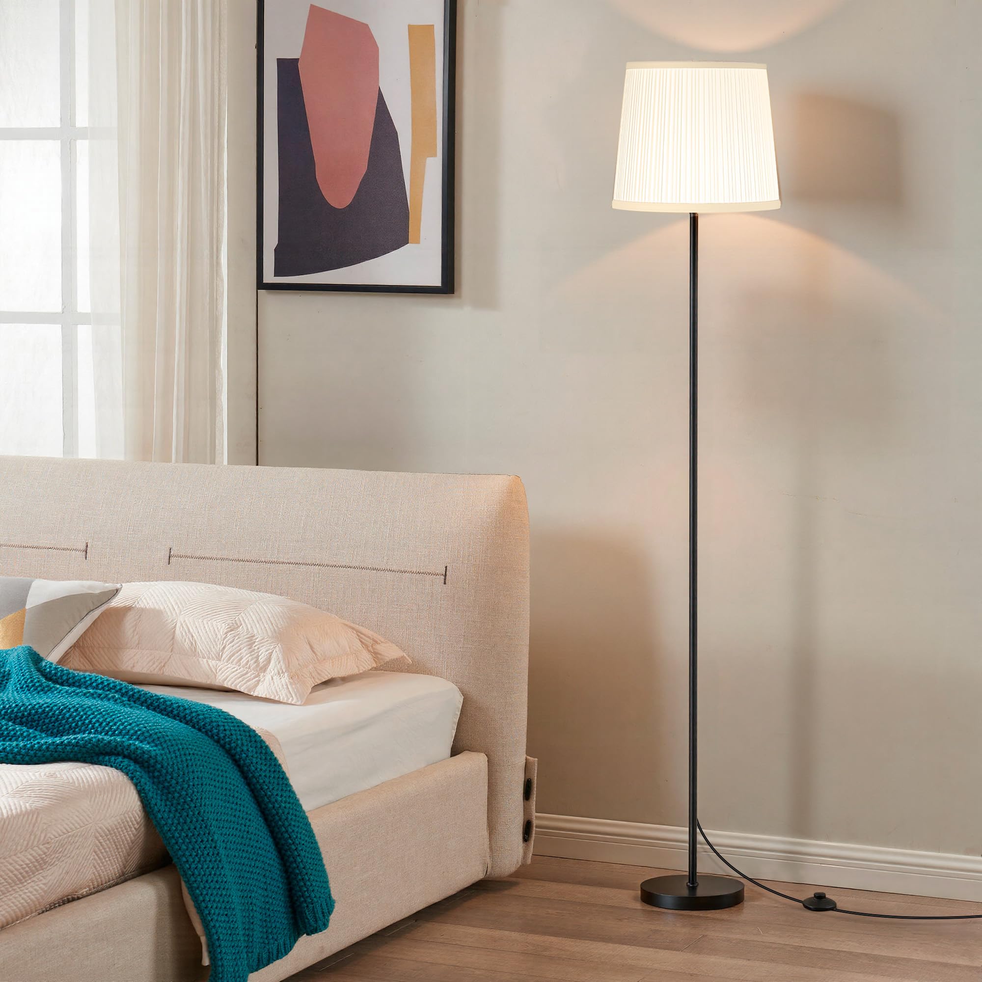 SIBRILLE Floor Lamp with Linen Shade - 62" Dimmable LED Standing Lamp with Remote Control, 9W E26 Bulb Included, 3000-6000K, Modern Floor Reading Light for Bedroom Living Room Office Corner, Black