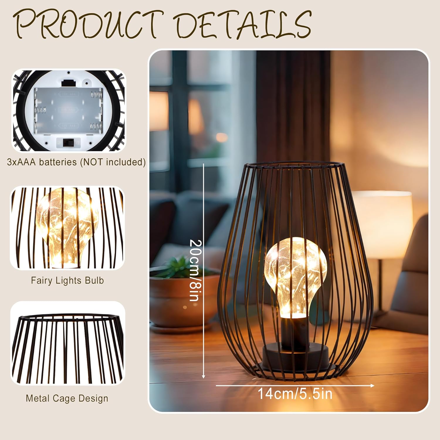 TRIROCKS Metal Cordless Table Lamp - 8'' Tall Set of 2 Cage Shape Battery Operated Lamp with Fairy Lights Bulb for Indoor/Outdoor Use Perfect for Christmas Garden and Weddings (Black,Set of 2)