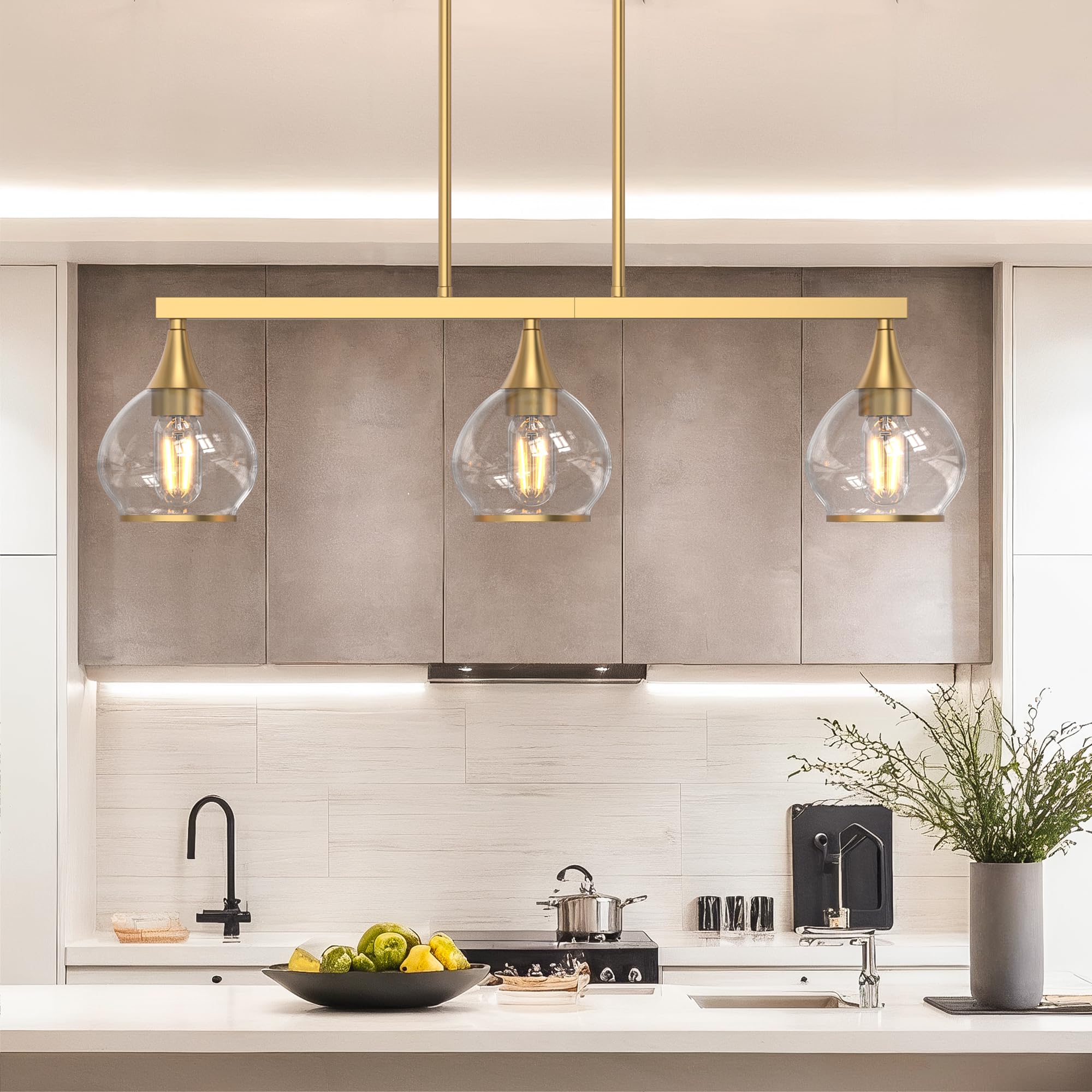 Kitchen Island Linear Pendant Light, 3-Light Gold Dining Room Chandelier with Clear Glass Globe Shades, Modern Linear Lighting Fixture Over Table