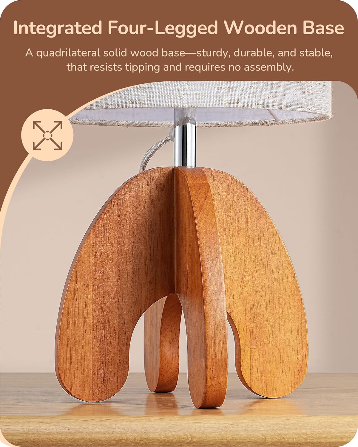 EDISHINE Wood Table Lamp, Small Nightstand Lamp with Beige Linen Lampshade, Integrated Four-Legged Wooden Base, End Bedside Lamp for Nursery, Bedroom, End Table, ON/Off Switch, E26, 14.17"