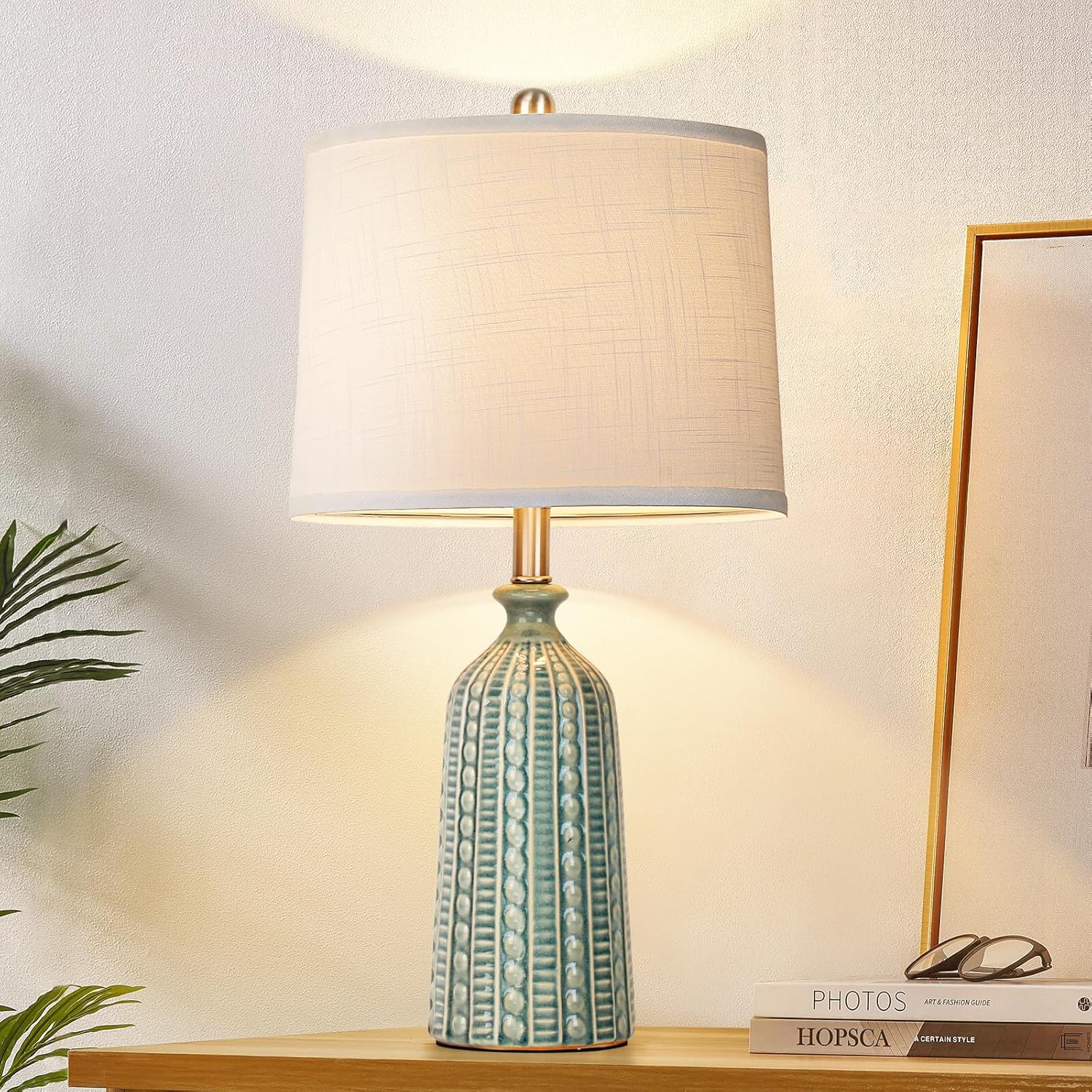 JUNNAI Green Ceramic Table Lamp 24.5": 3-Way Dimmable Nightstand Lamp with White Drum Lamp Shade | Modern Bedside Lamp for Bedrooms & Living Room (Bulb Included)
