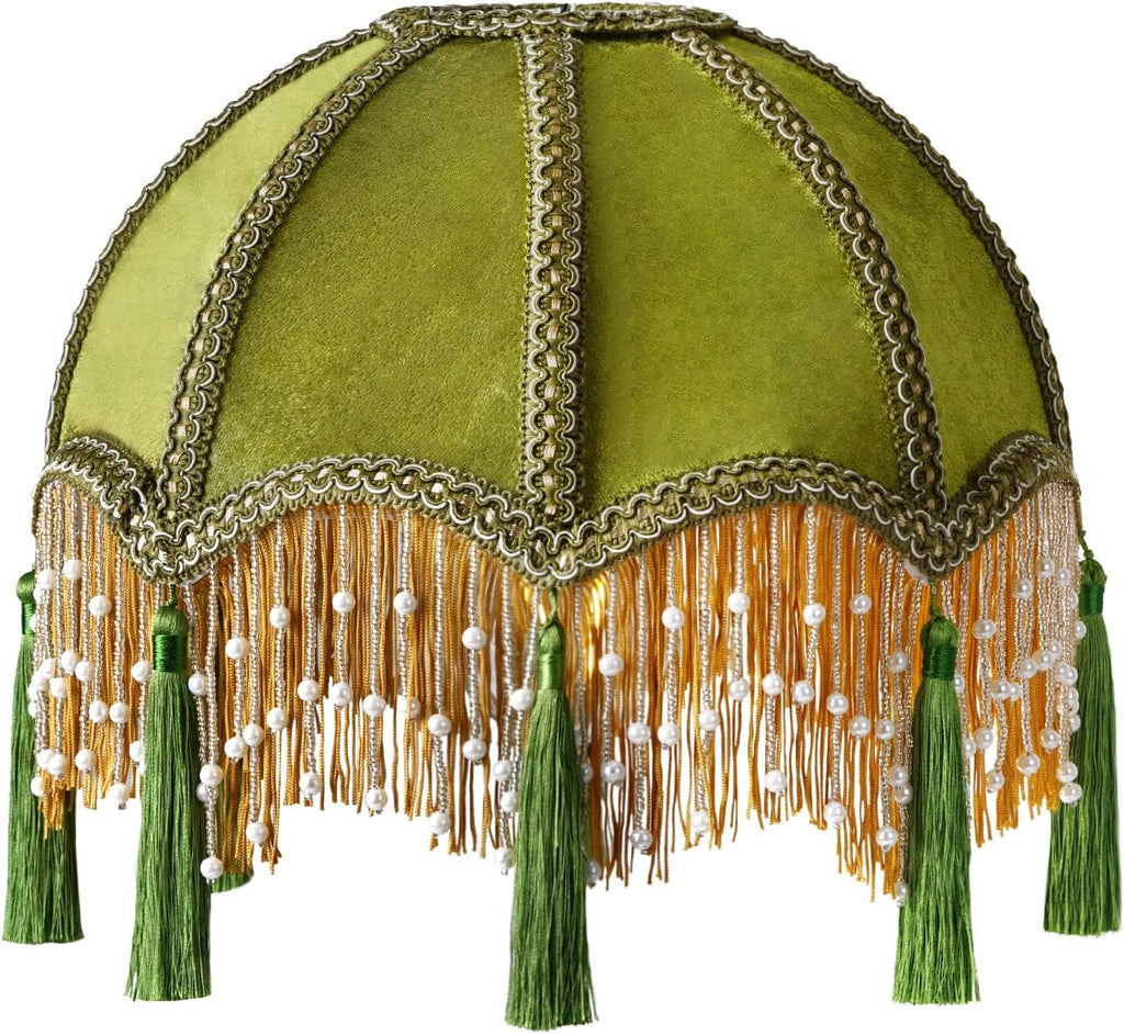 11.8 Inch vintage Lampshade With Olive Green Velvet Tassel, Victorian Fringe Lamp Shade with Beads,Handmade Scallop Bell-Shaped Replacement Shade,E26/E27 bulb base for Table Lamp & Floor Lamp(1 Pack)
