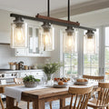 Amico Dining Room Light Fixture 5-Light Kitchen Island Lighting with Adjustable Rods, Farmhouse Decor Black Metal & Wood Chandelier with Seeded Glass Shade, Island Lights for Kitchen
