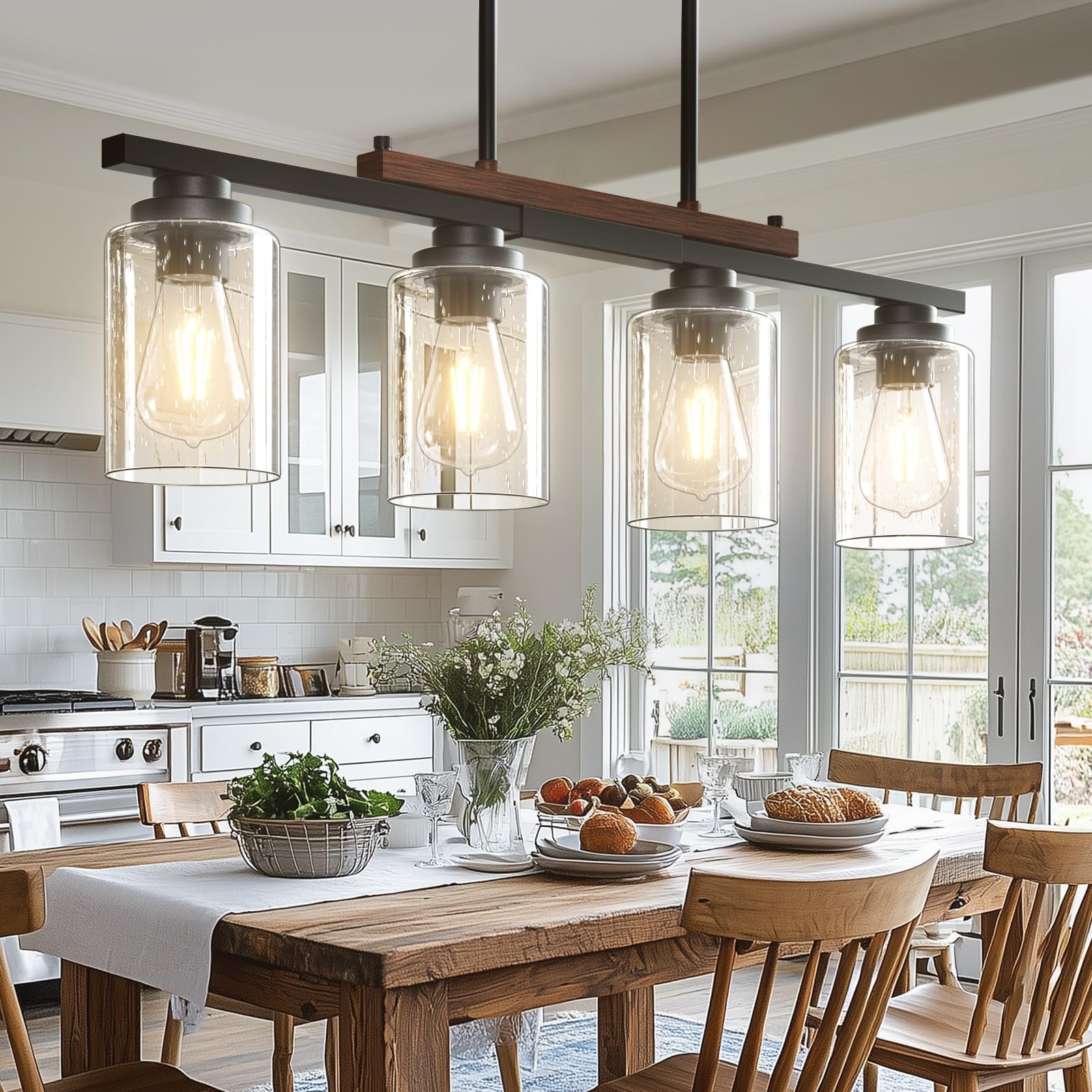 Amico Dining Room Light Fixture 5-Light Kitchen Island Lighting with Adjustable Rods, Farmhouse Decor Black Metal & Wood Chandelier with Seeded Glass Shade, Island Lights for Kitchen