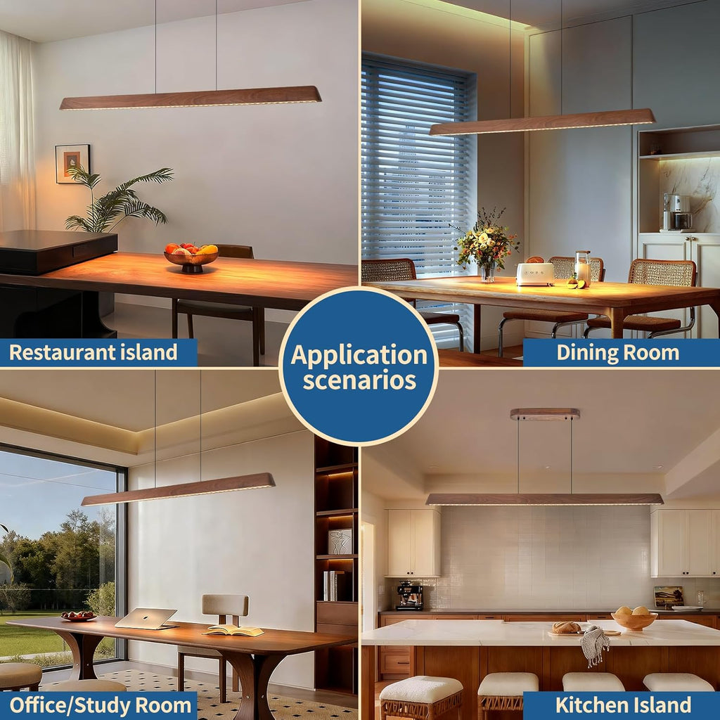 57" Wood Linear Pendant Light, Dimmable Kitchen Island Lighting with Remote, 30W LED Island Lights for Kitchen, Adjustable Linear Chandelier for Dinning Room Light Fixture, Bar, Pool Table Light
