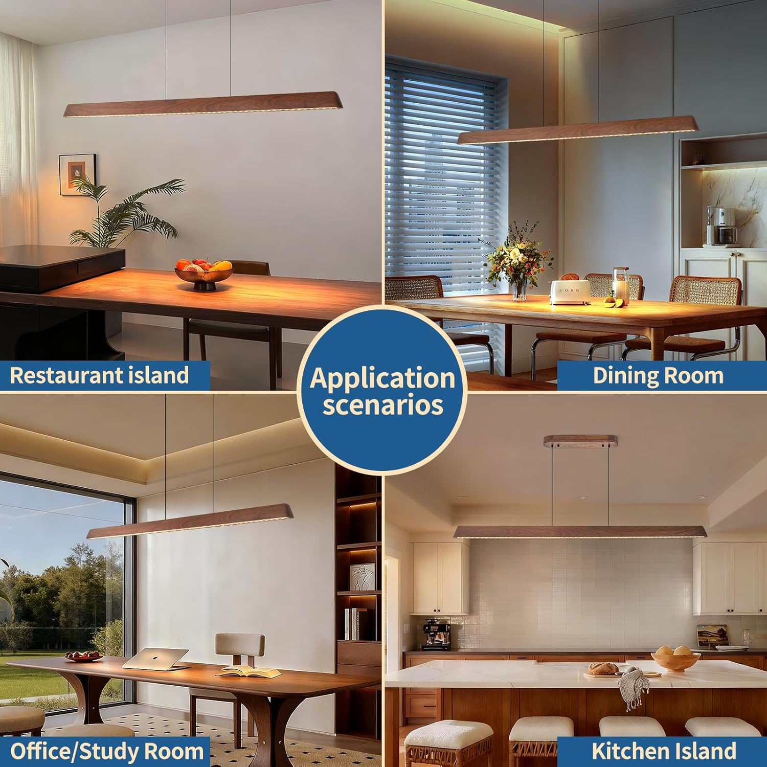 57" Wood Linear Pendant Light, Dimmable Kitchen Island Lighting with Remote, 30W LED Island Lights for Kitchen, Adjustable Linear Chandelier for Dinning Room Light Fixture, Bar, Pool Table Light