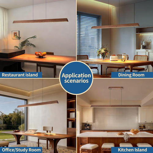 57" Wood Linear Pendant Light, Dimmable Kitchen Island Lighting with Remote, 30W LED Island Lights for Kitchen, Adjustable Linear Chandelier for Dinning Room Light Fixture, Bar, Pool Table Light
