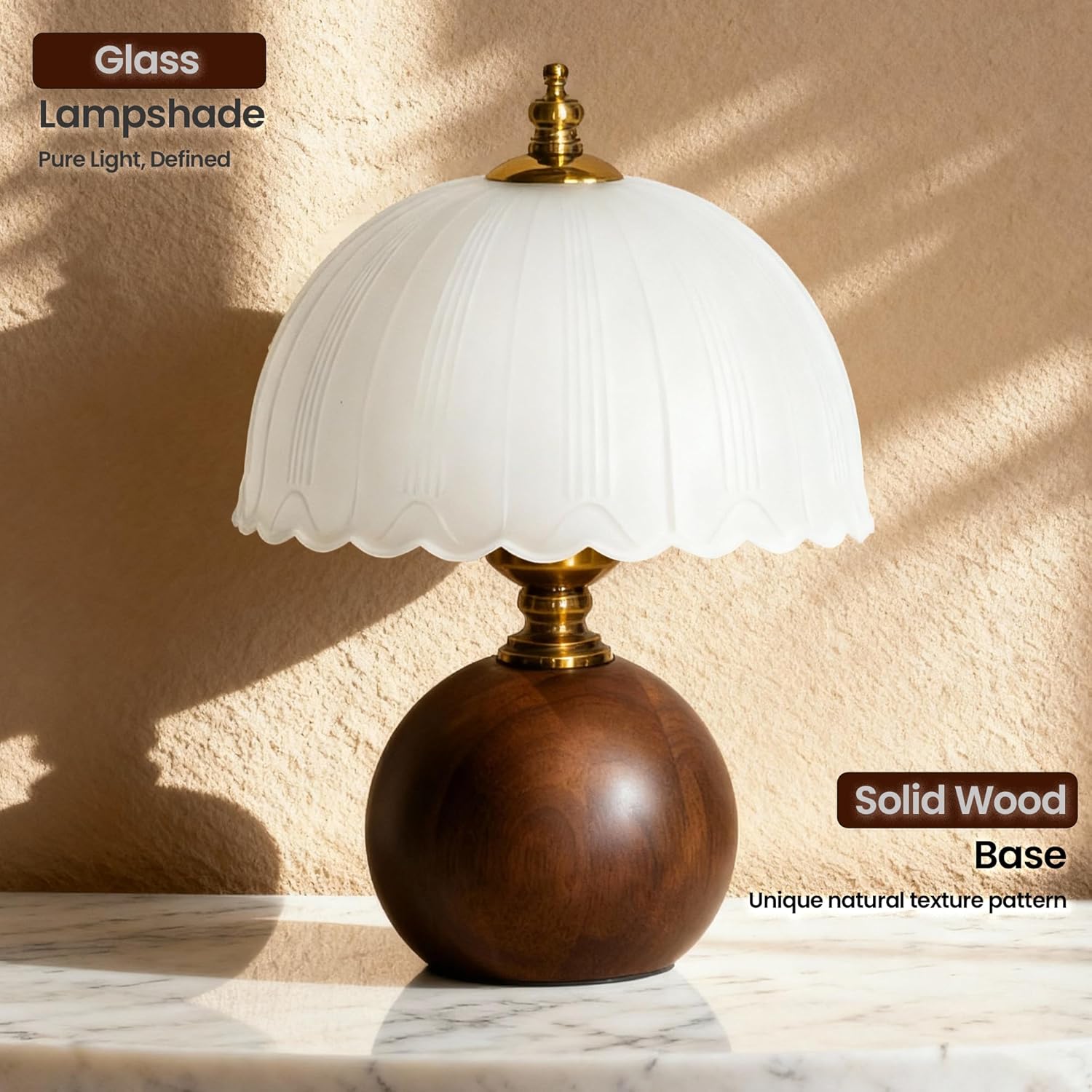 11.8" Wooden Table Lamp, Dimmable with Frosted Glass Shade for Bedroom Living Room