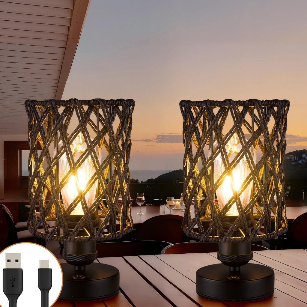 Cordless Outdoor Table Lamps, Small Rattan Boho, Rechargeable Battery Operated for Outdoor Patio, Home, Living Room, Bedroom, Bedside - Set of 2 (Black-A)