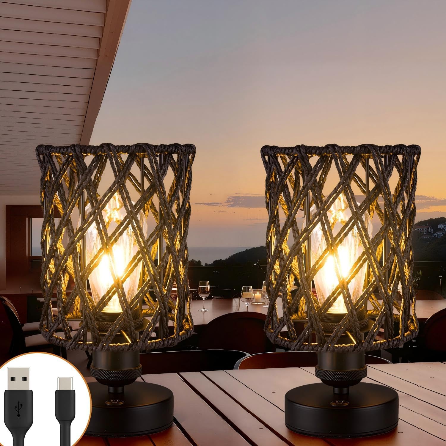 Cordless Outdoor Table Lamps, Small Rattan Boho, Rechargeable Battery Operated for Outdoor Patio, Home, Living Room, Bedroom, Bedside - Set of 2 (Black-A)