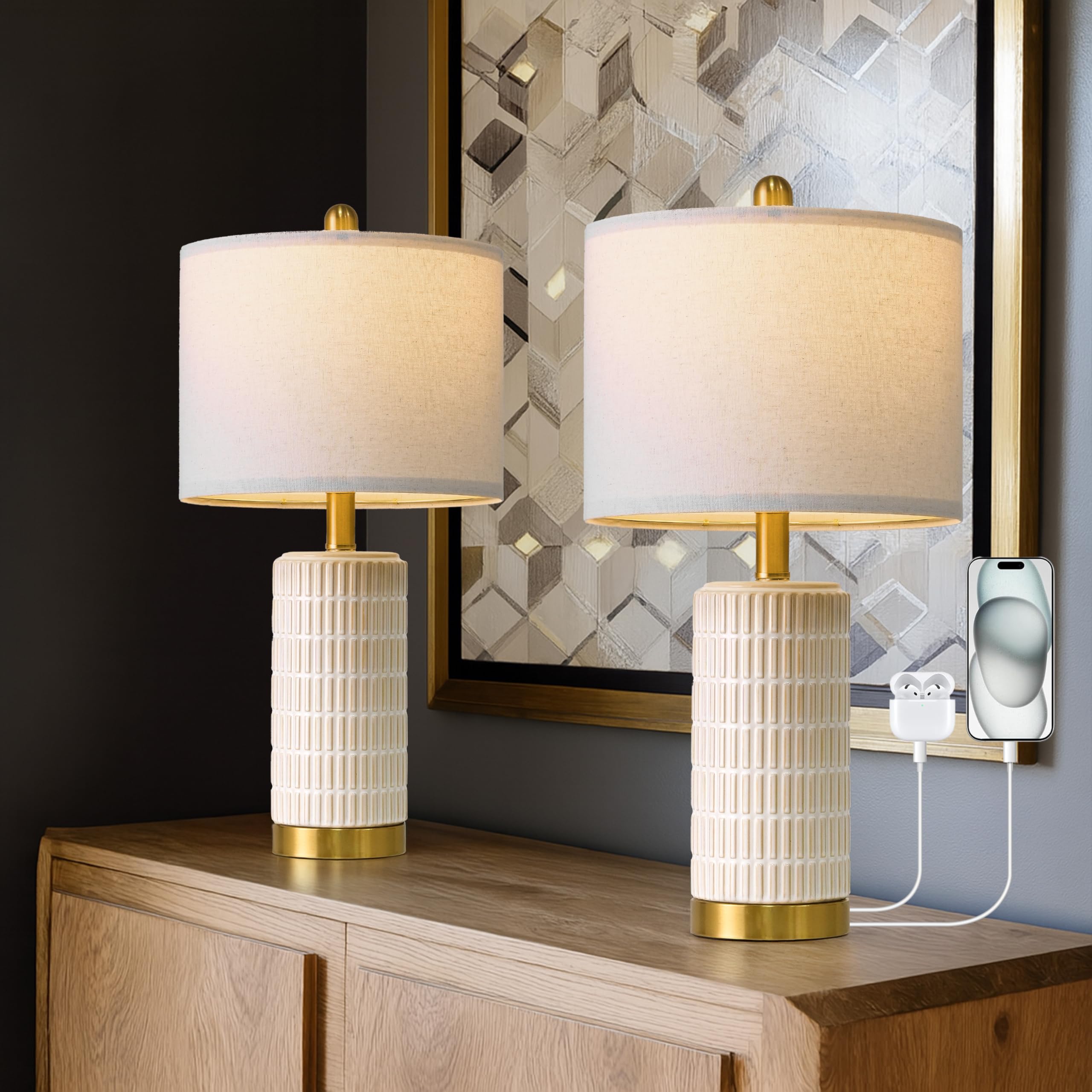 PoKat 20.75" Small Modern Ceramic Table Lamps Set of 2 for Bedroom, White Bedside Lamps for Night Stands, Farmhouse Desk Home Decor Gift Nightstand Table Lamps for Living Room End Table Beige