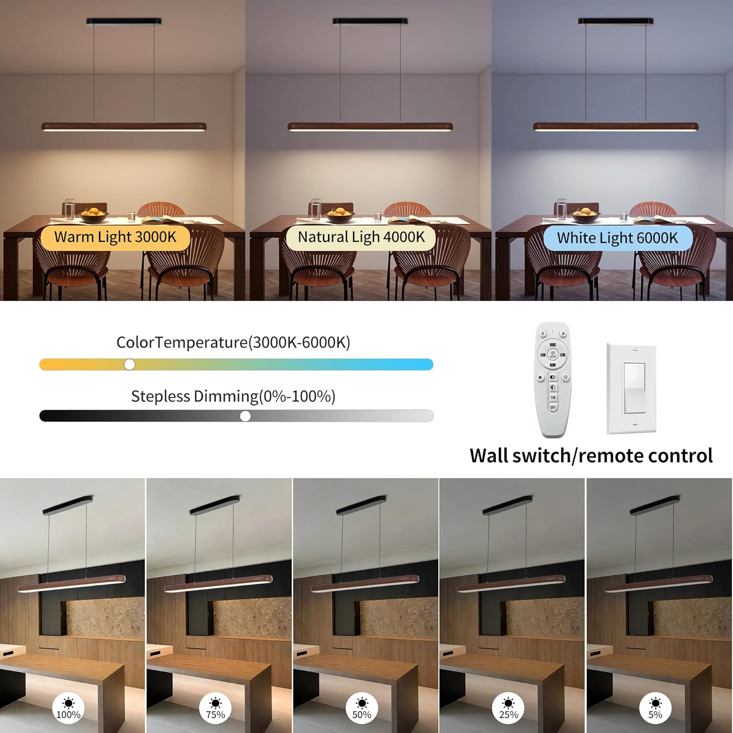 47" Wood Grain Pendant Lights Kitchen Island Lights LED Linear Hanging Light Modern Chandelier for Dining Room Table Dimmable with Remote Control & Memory Function Lighting Fixture