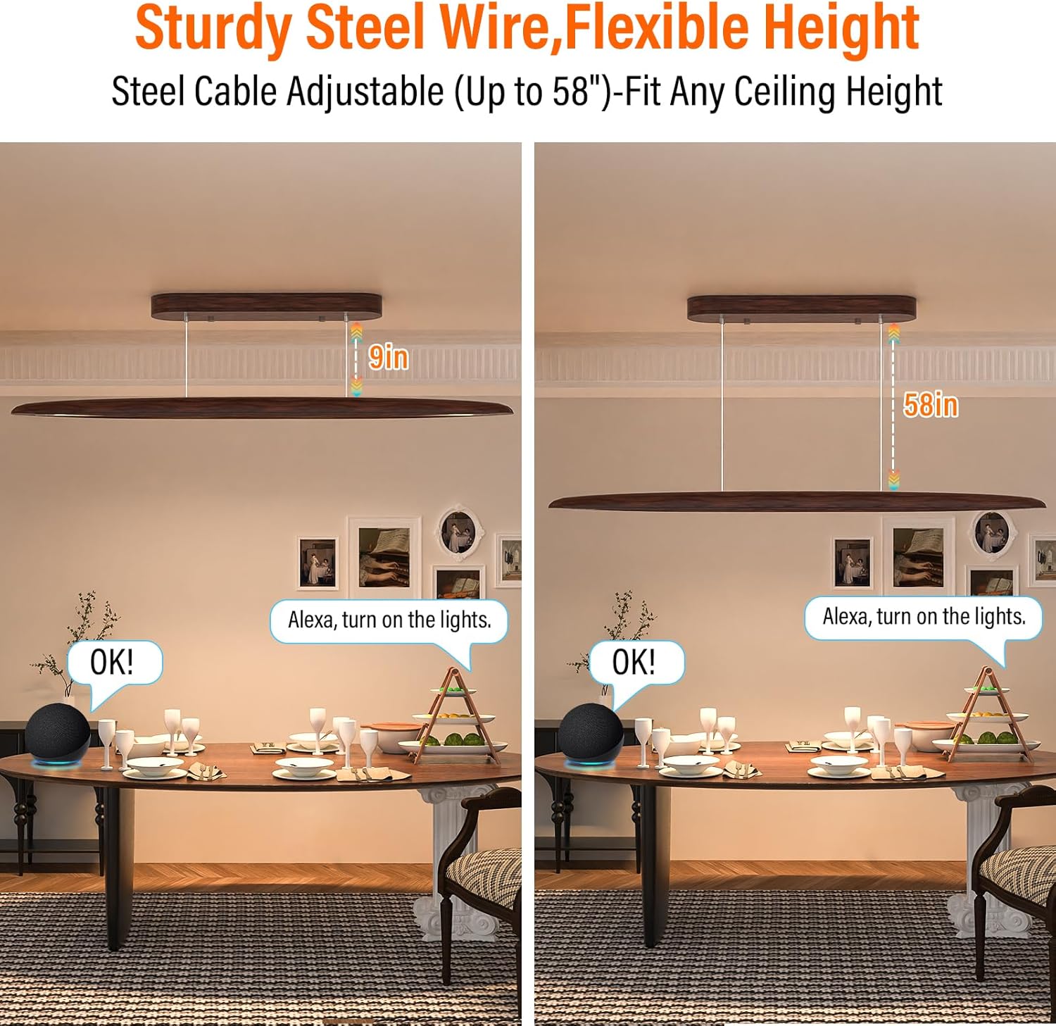 44" Wood Linear Pendant Light, LED Dimmable Island Lights for Kitchen with Remote & APP Control, 30W Adjustable CCT (3000K-6000K) for Dining Room Kitchen Island Bar