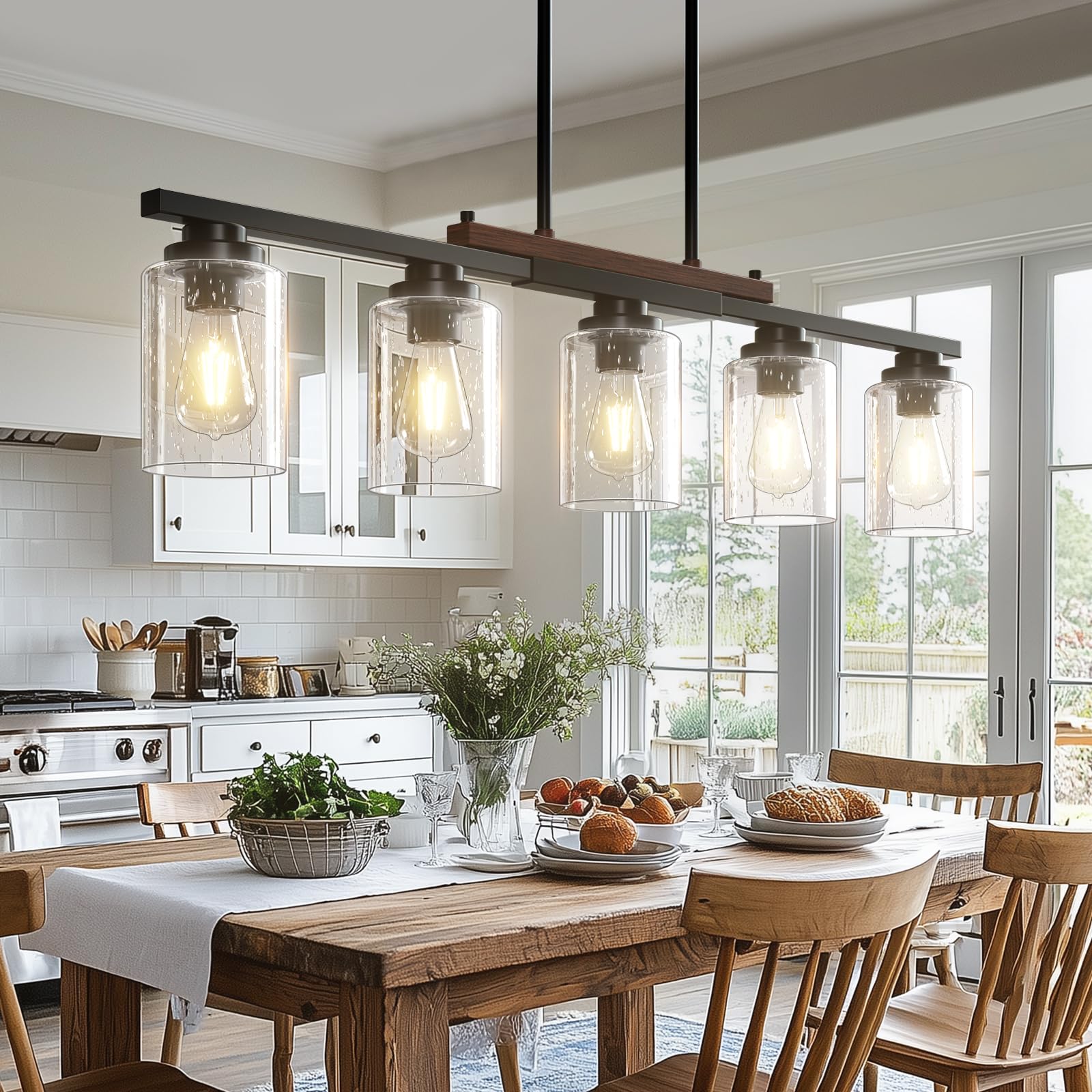 Amico Dining Room Light Fixture 5-Light Kitchen Island Lighting with Adjustable Rods, Farmhouse Decor Black Metal & Wood Chandelier with Seeded Glass Shade, Island Lights for Kitchen
